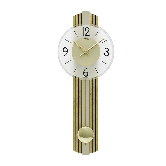 Horloge murale AMS avec cadran rond blanc, aiguilles dorées et bande de pendule