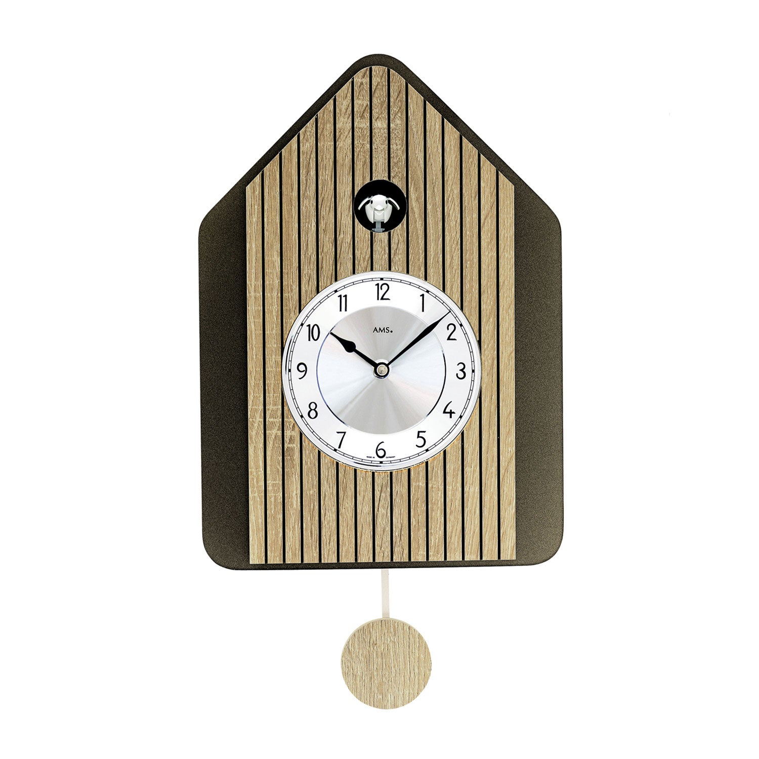 Horloge murale style coucou avec aspect bois, cadran rond et pendule