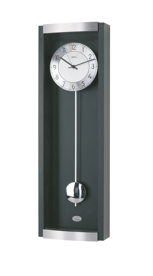 Pendule noire sans fil avec boîtier rectangulaire, cadran rond et poids de balancier en métal