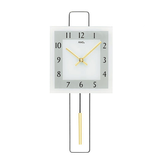 Horloge murale AMS avec boîtier rectangulaire en métal, aiguilles dorées et mouvement à pendule