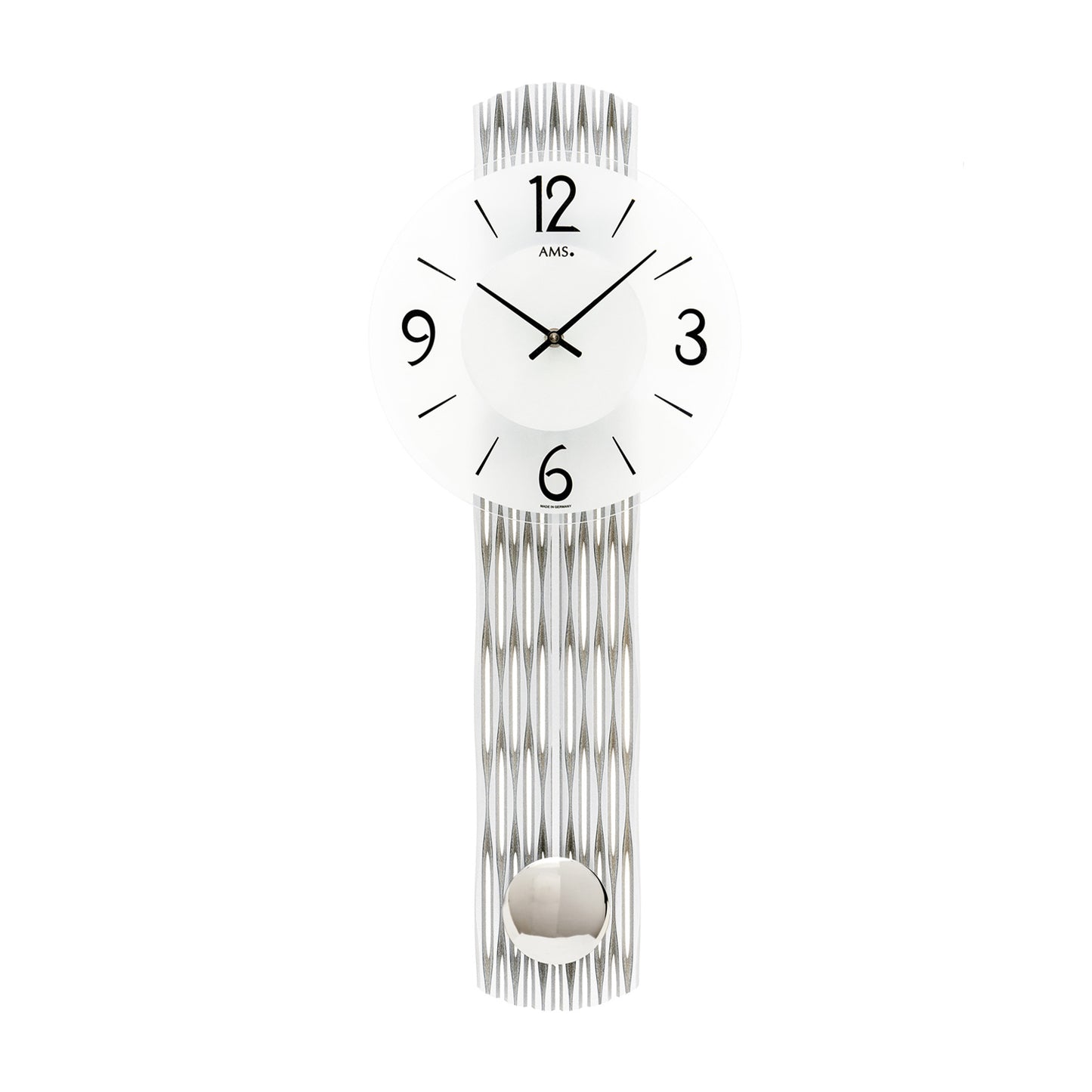Horloge murale avec boîtier nervuré argenté et pendule, cadran rond