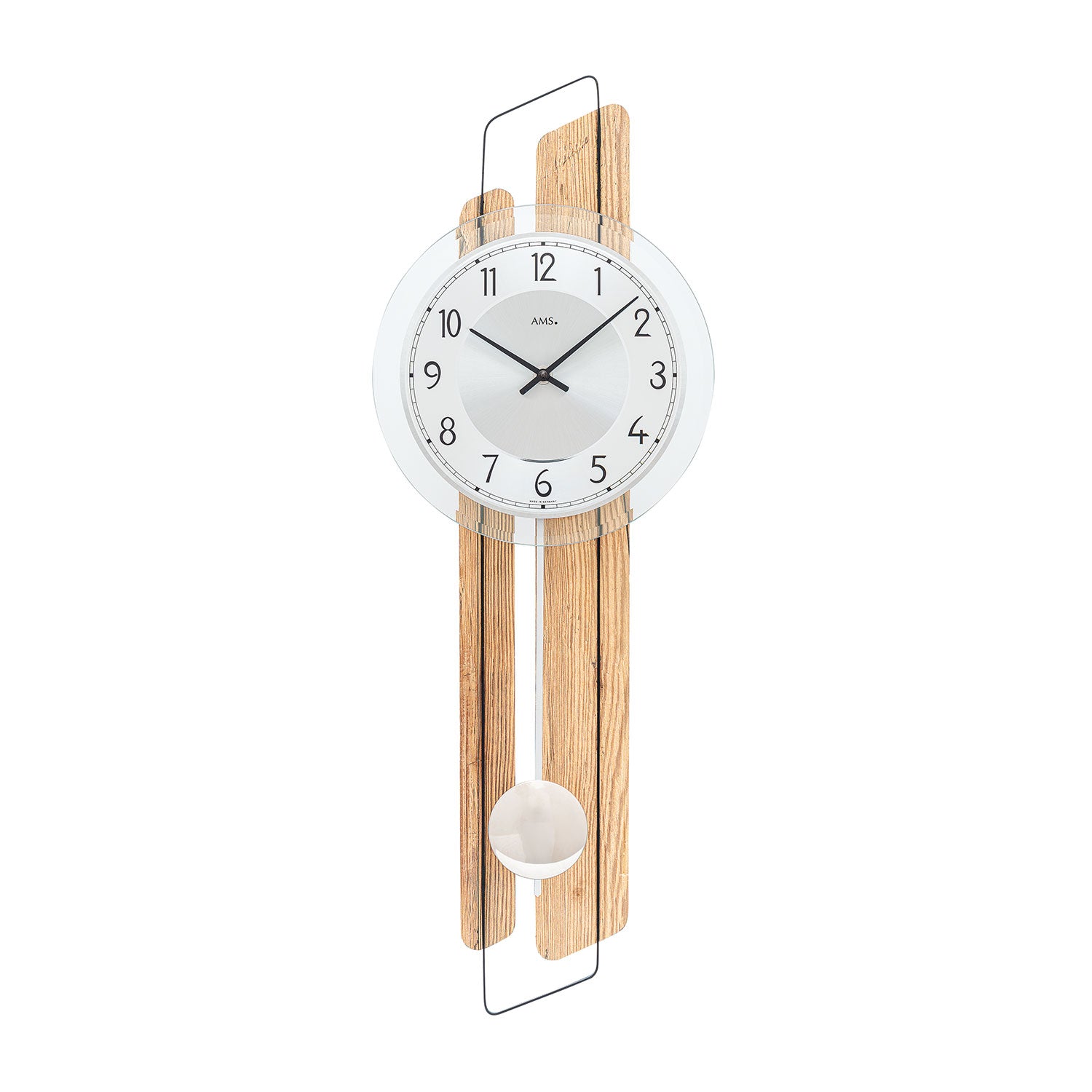 Horloge murale avec cadre en bois et cadran rond, aiguilles noires, poids de pendule