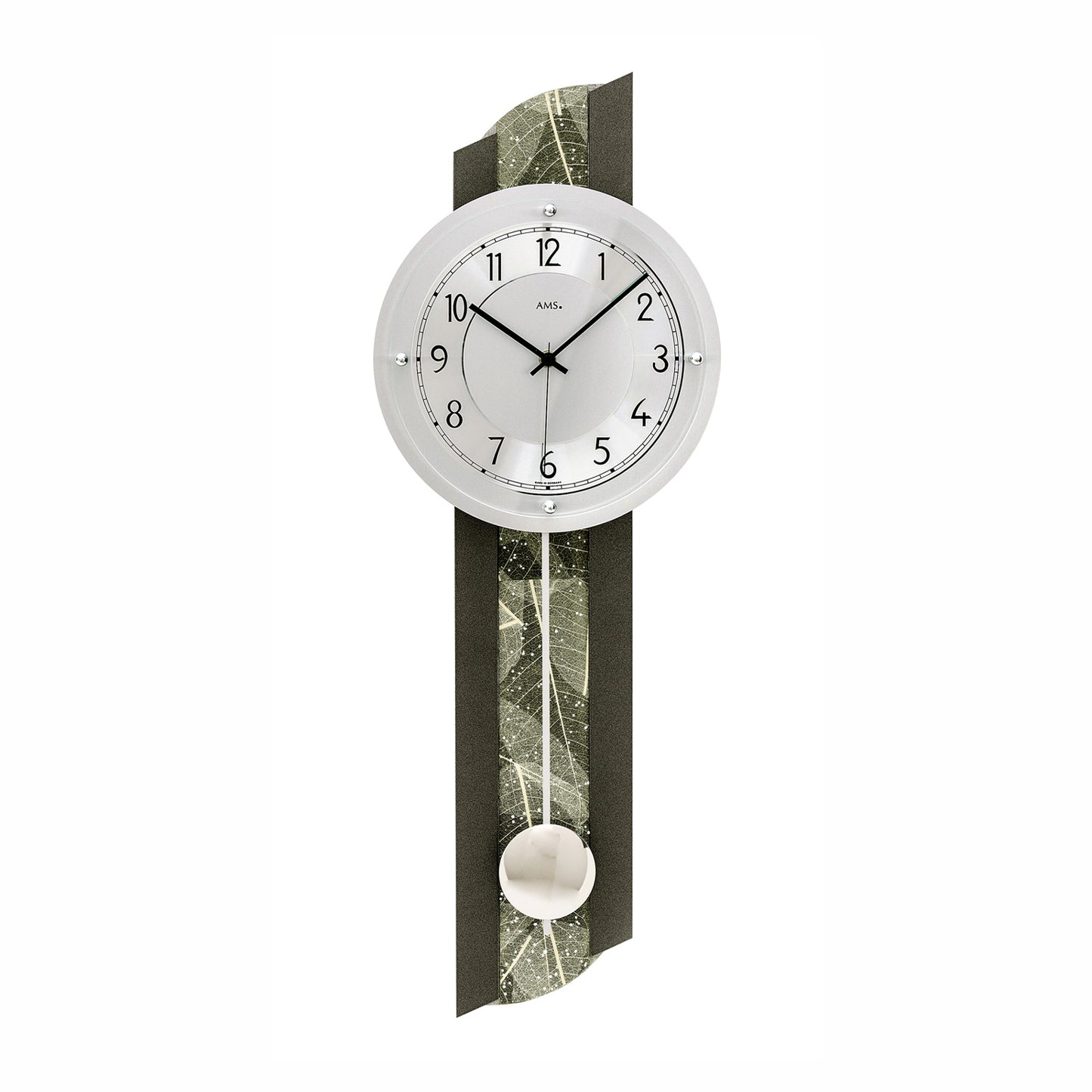 Horloge murale ronde avec cadran blanc, aiguilles noires et balancier dans un cadre sombre