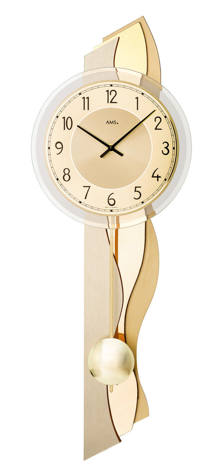 Horloge murale AMS avec cadran rond, aiguilles dorées et poids en laiton oscillant