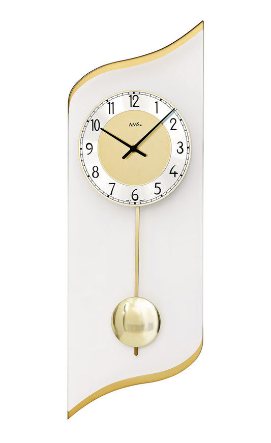 Horloge murale avec mouvement à quartz et pendule : cadran blanc, aiguilles noires, cadre et pendule en laiton