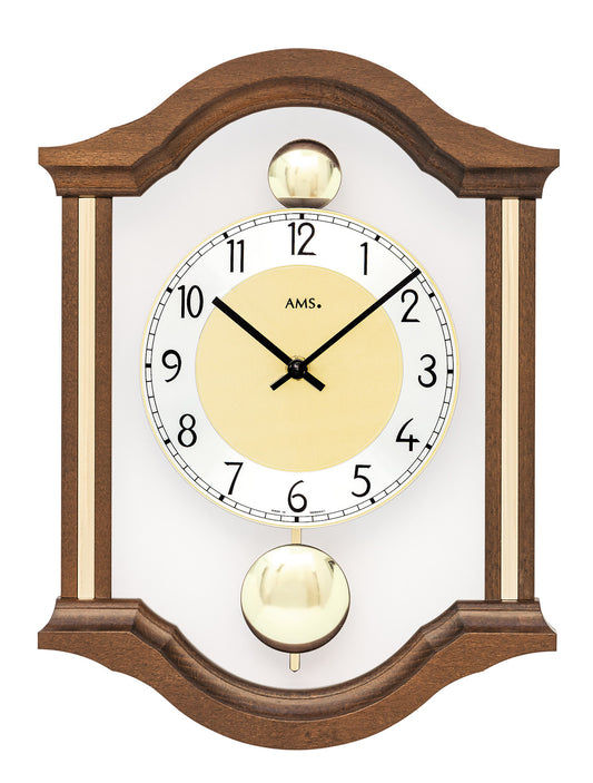 Horloge murale avec boîtier en bois de noyer, cadran rond et balancier doré