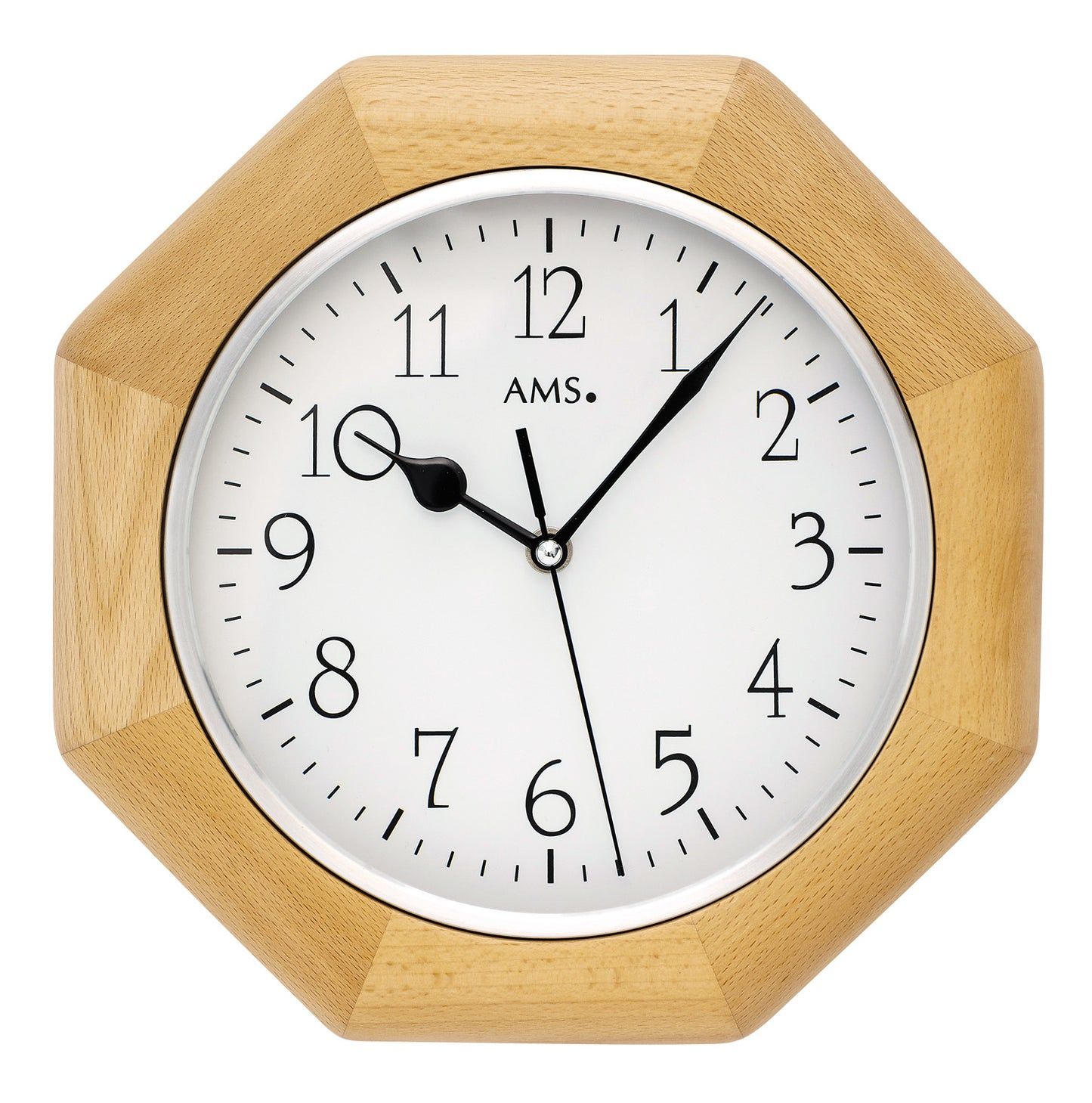 Horloge murale avec boîtier en bois massif, cadran blanc et aiguilles noires, verre minéral