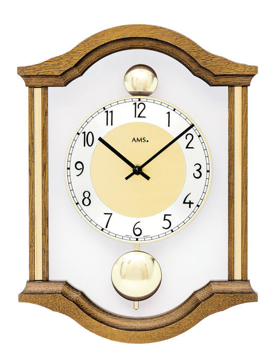 Horloge murale avec boîtier rond en bois massif couleur chêne et vitre en verre