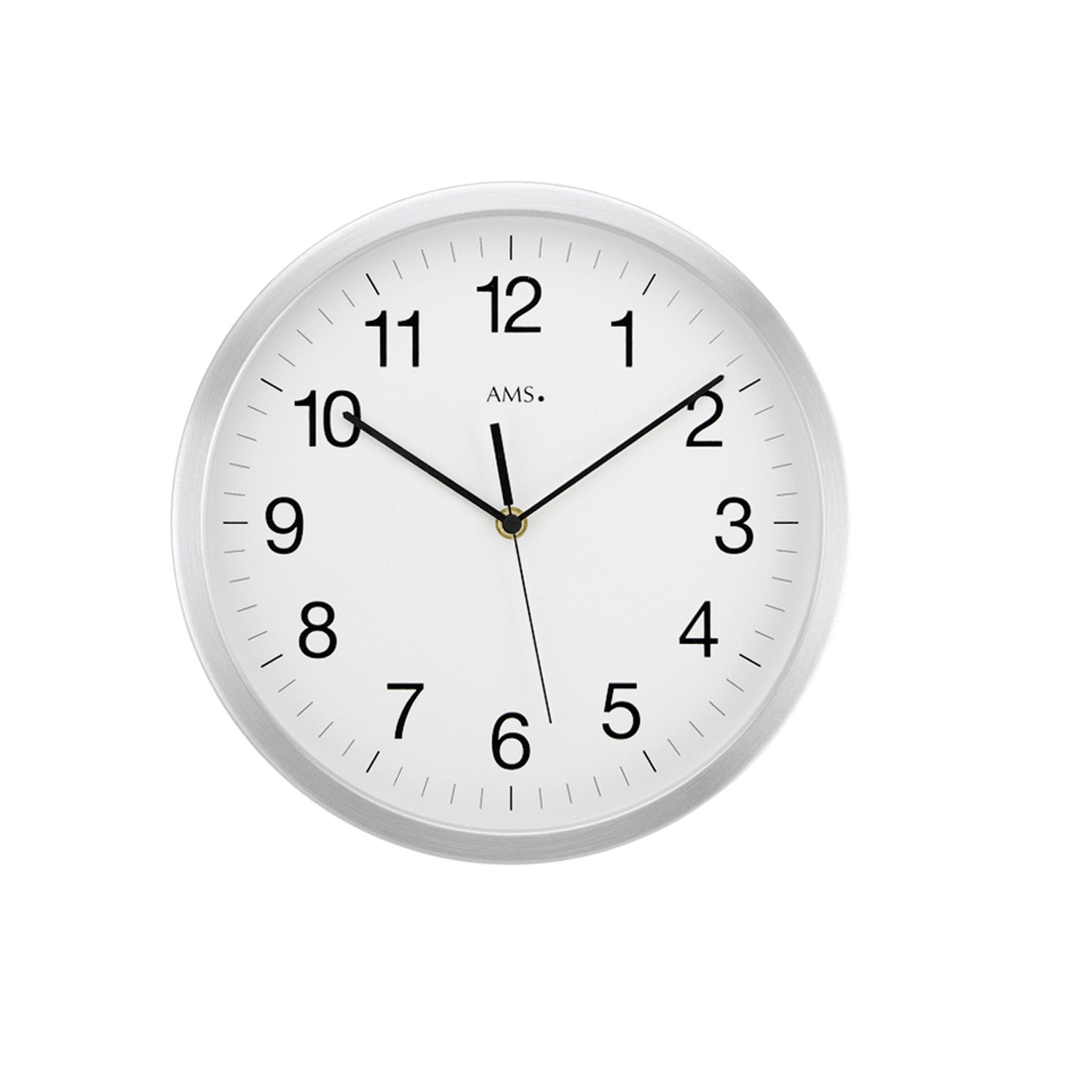 Horloge murale ronde en aluminium brossé avec cadran blanc et aiguilles noires
