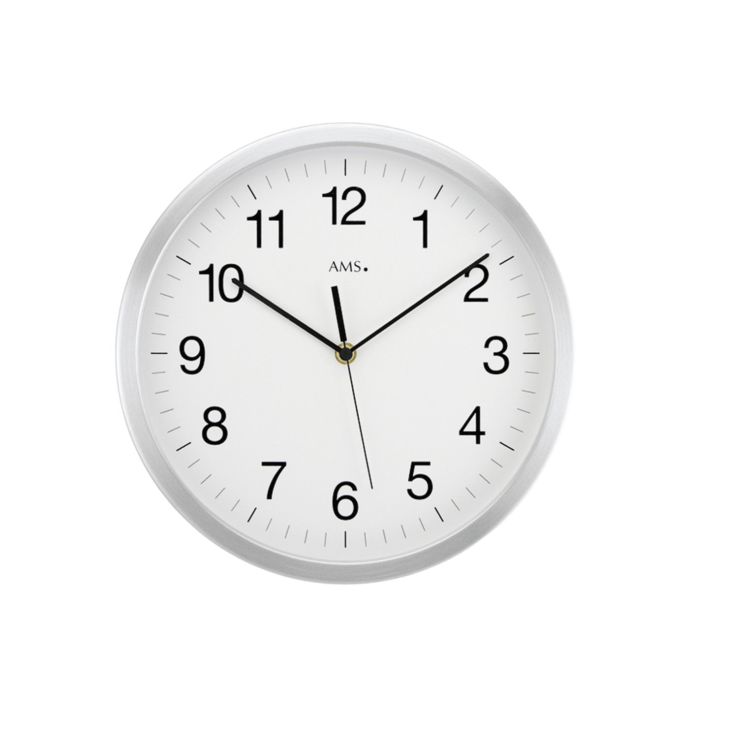 Horloge murale ronde avec cadran blanc, chiffres et aiguilles noirs, cadre argenté