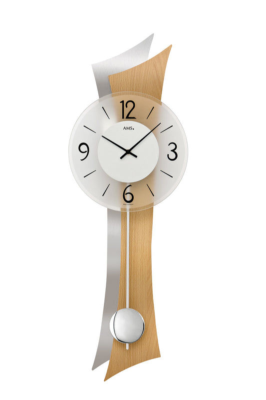 Horloge murale avec pendule en bois et cadran rond, façade en verre minéral
