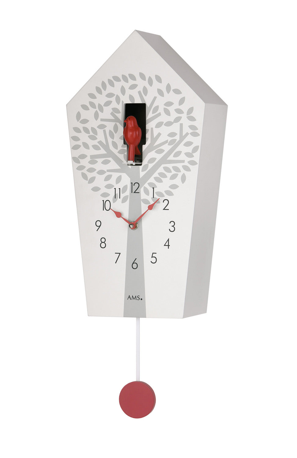 Horloge murale blanche style coucou avec pendule rouge et disque de poids rouge