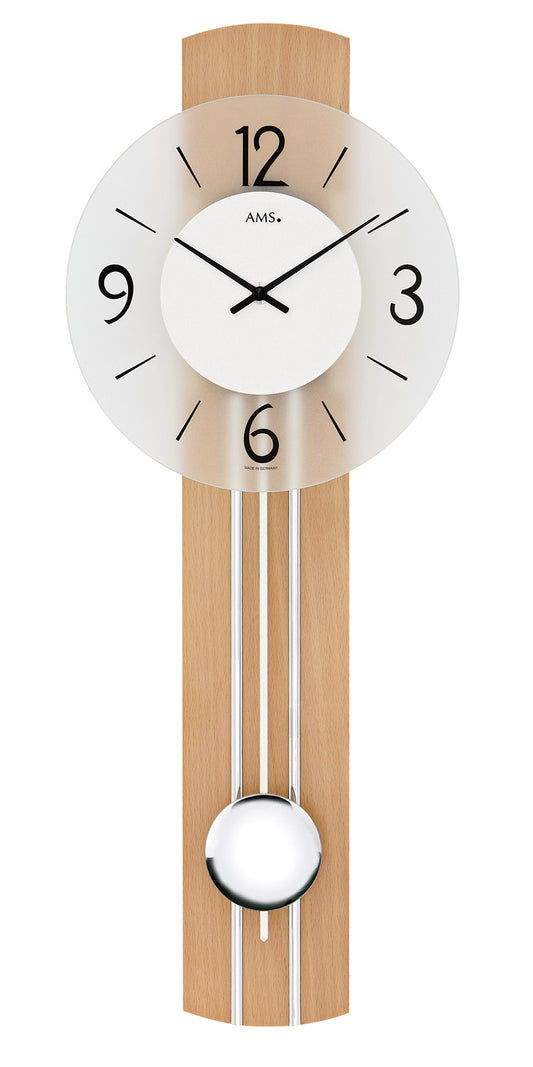 Horloge murale AMS en bois clair avec cadran rond et pendule