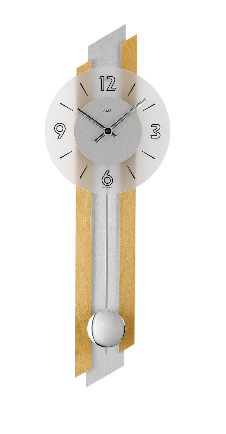 Pendule murale en hêtre avec cadran rond blanc, chiffres et façade en verre