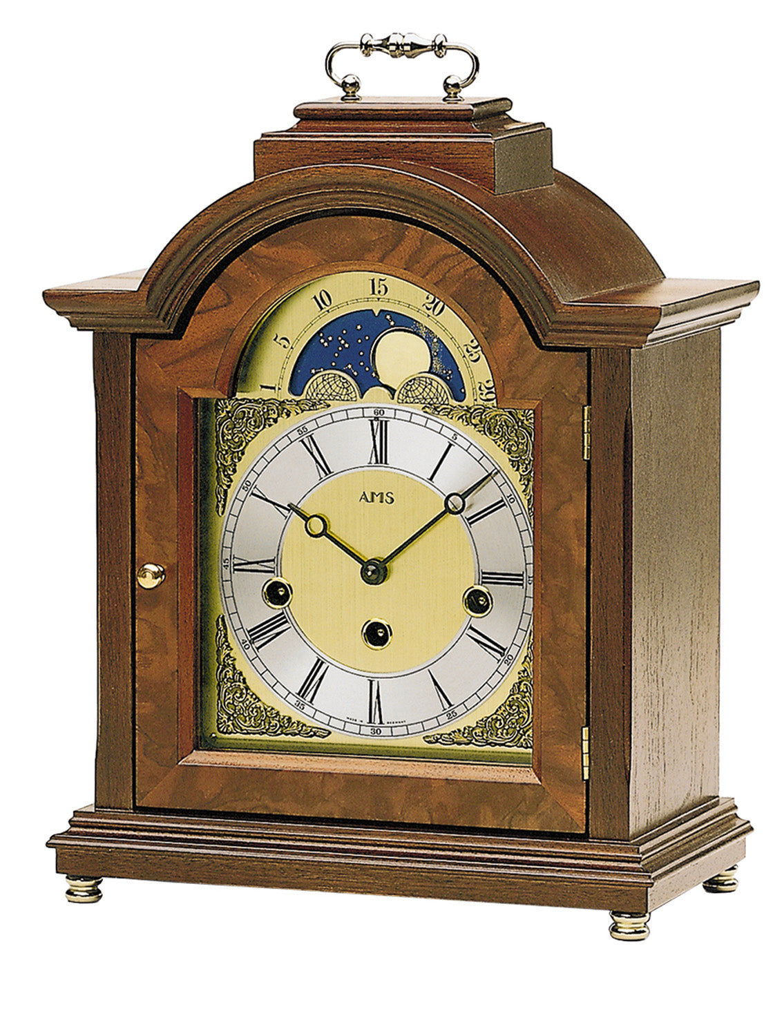 Horloge de table couleur noyer avec affichage des phases de lune et cadran doré