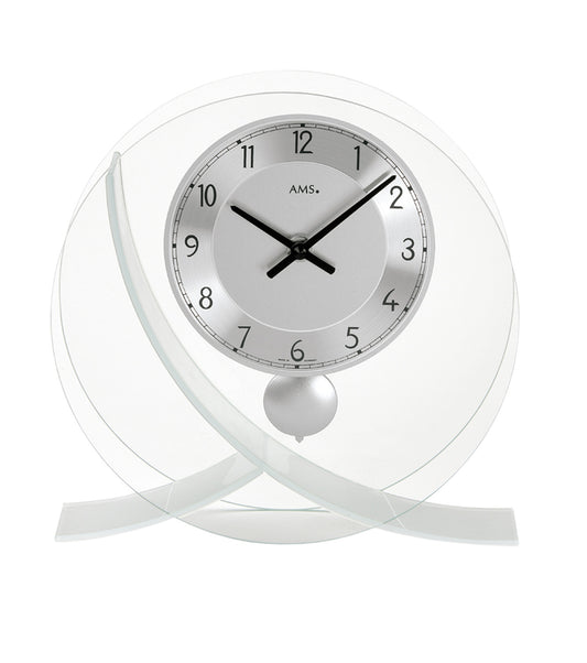 Horloge de table avec cadran rond en aluminium, aiguilles noires et mouvement à quartz avec pendule
