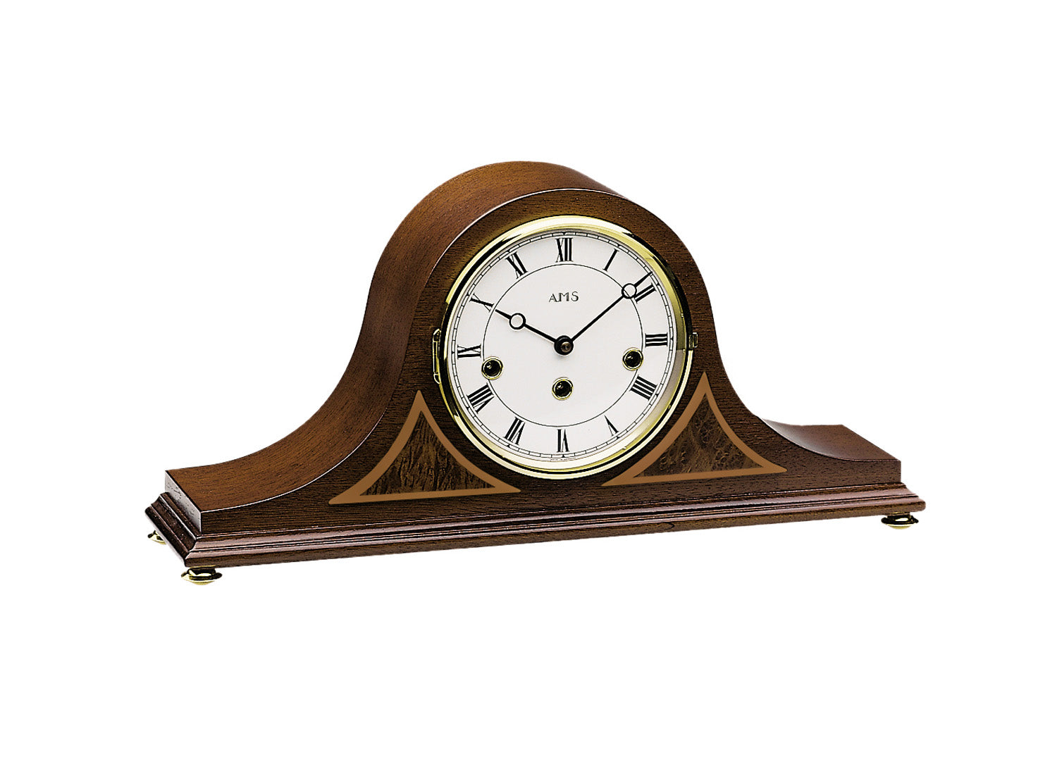 Horloge de table couleur noyer avec cadran rond et aiguilles dorées, chiffres romains