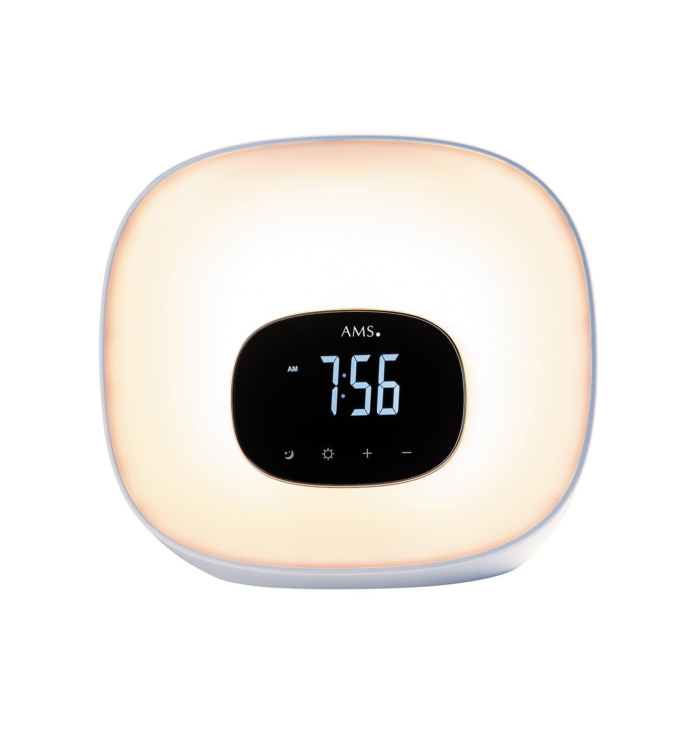 Réveil lumineux avec boîtier rond, écran noir et boutons de commande
