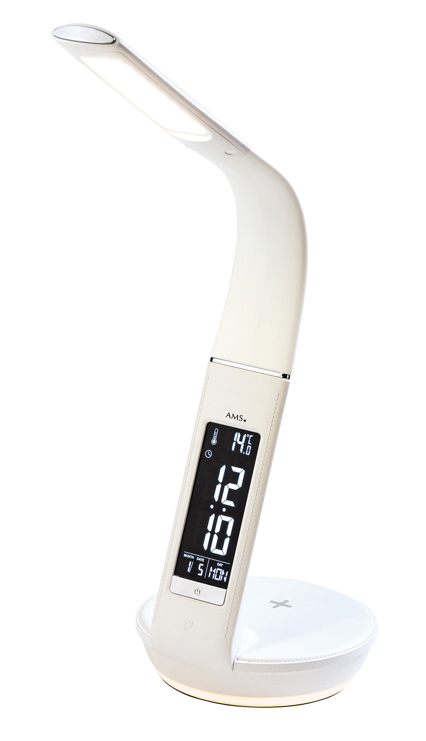 Réveil lumineux blanc avec tête de lampe incurvée et affichage numérique, base avec boutons