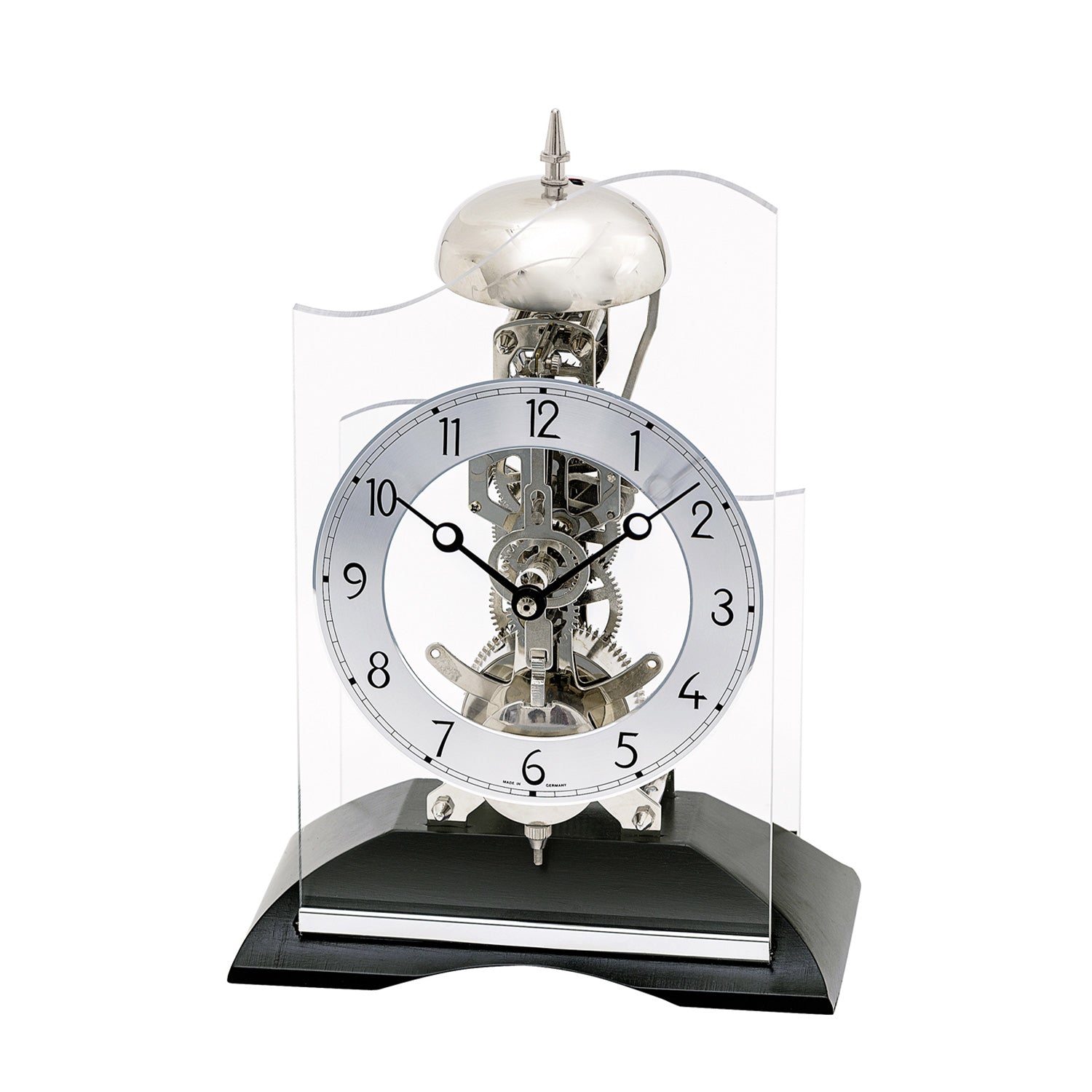 Horloge de table avec socle anthracite, cadran rond et mouvement visible sous verre