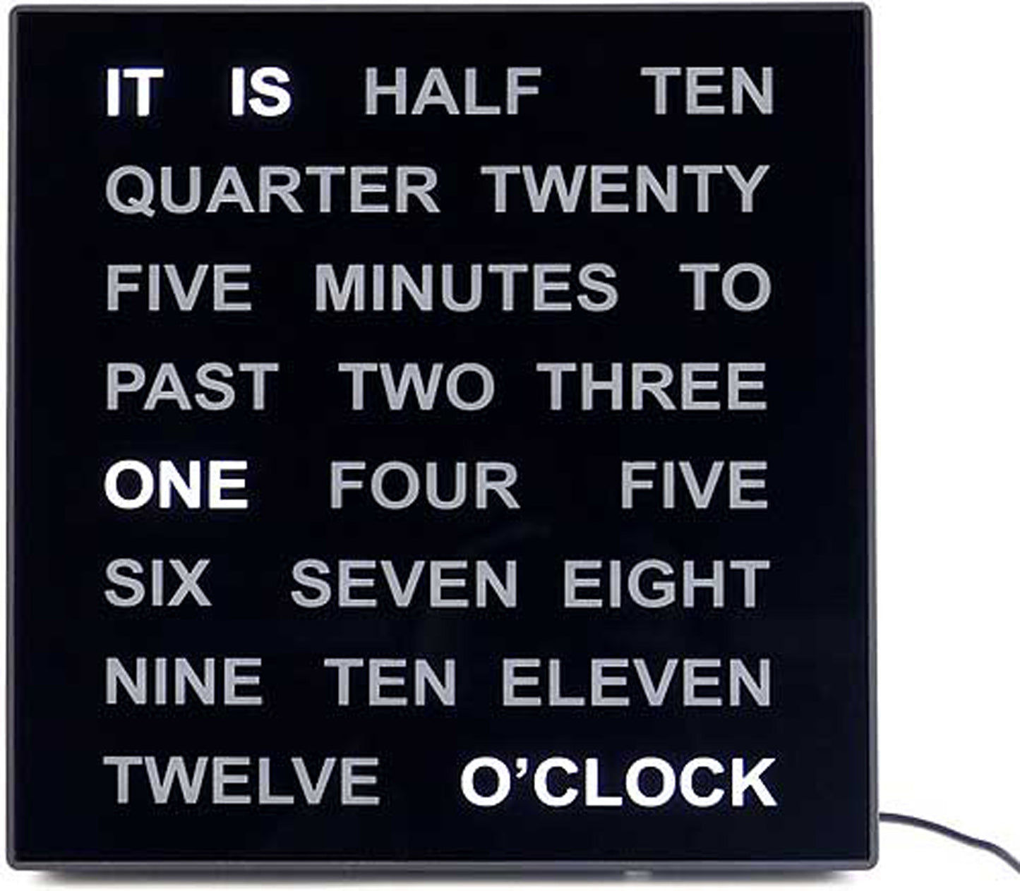 Horloge murale avec affichage LED de mots, façade noire avec mots de temps lisibles