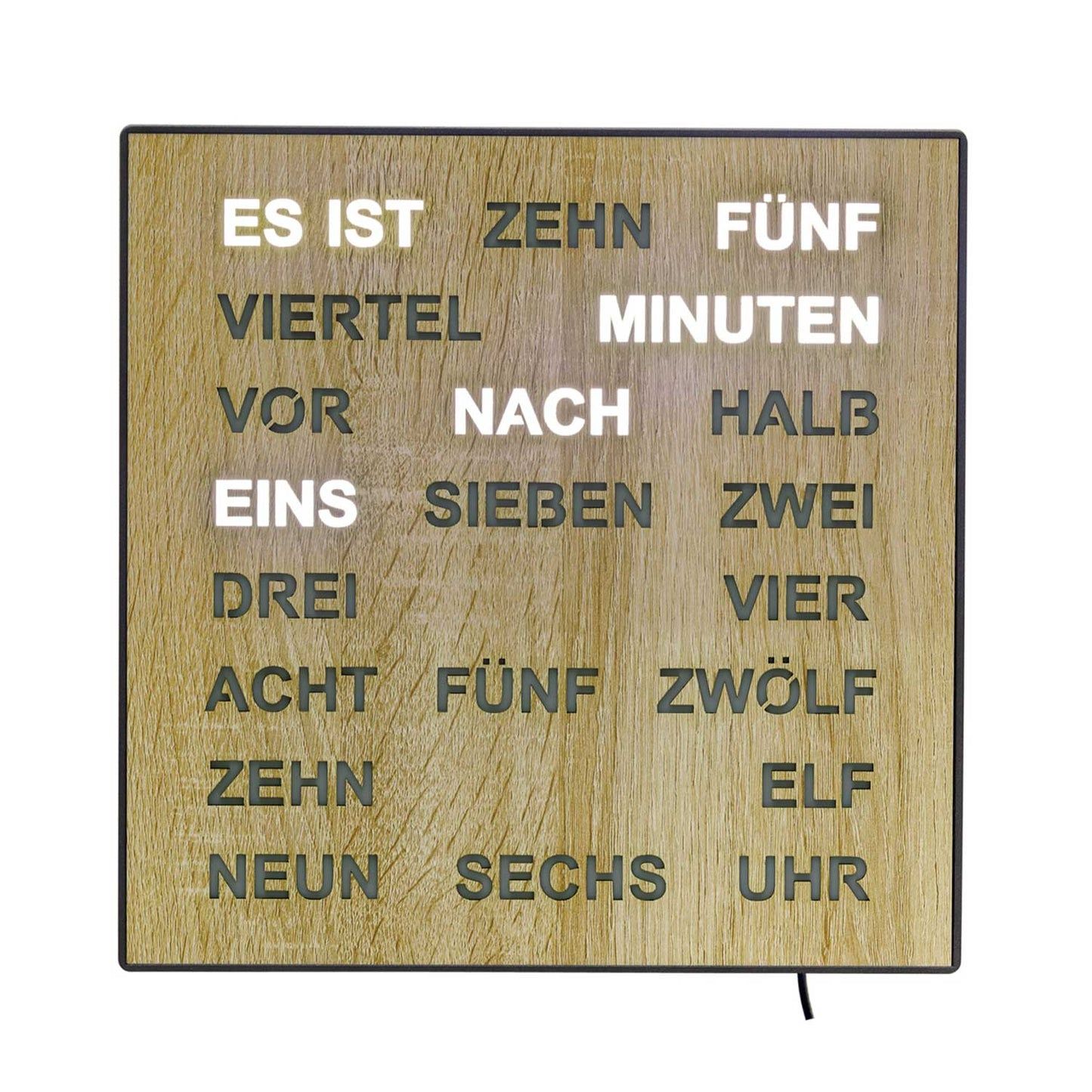 Horloge murale en bois avec affichage de mots LED sur un cadran carré