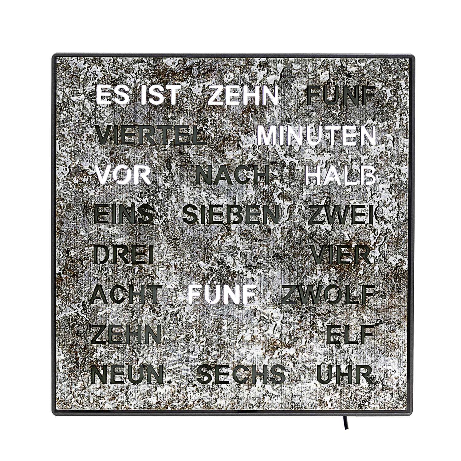 Horloge murale carrée avec finition métallique et affichage de mots à LED
