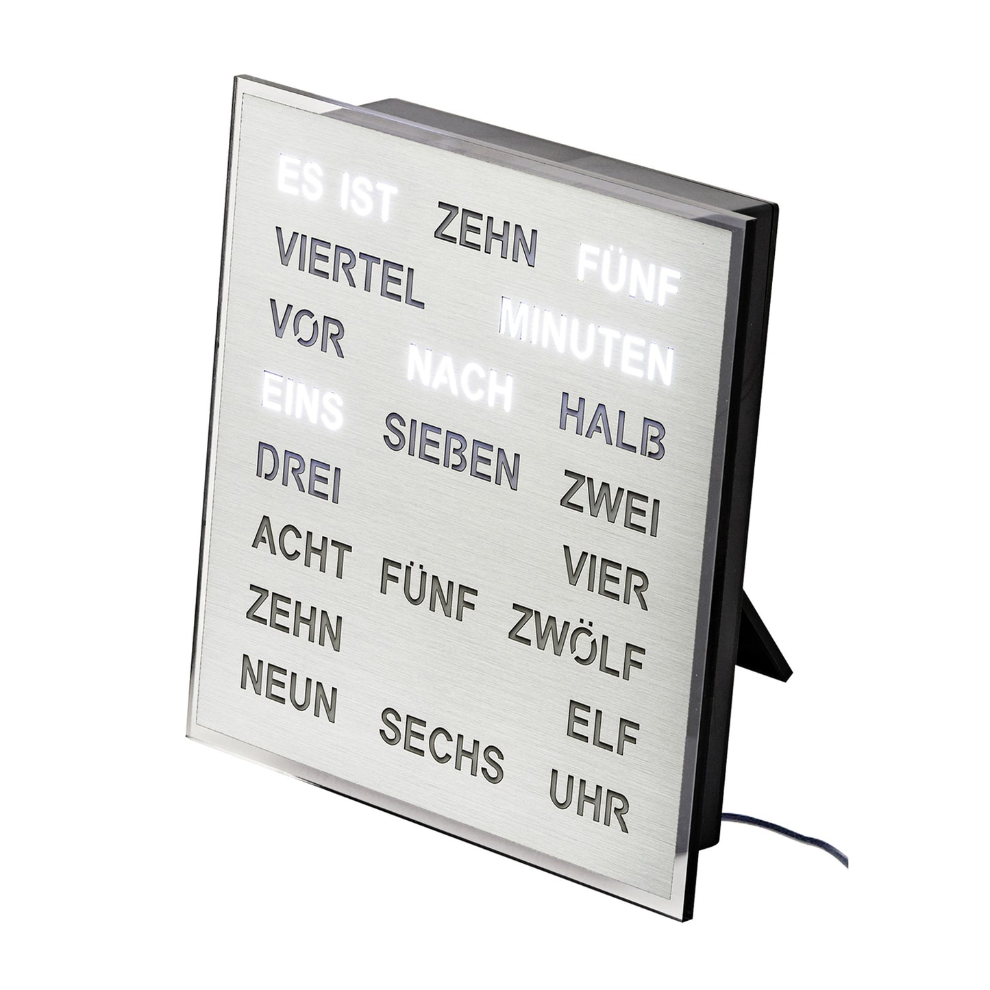 Horloge murale LED avec cadre en aluminium, mots des minutes éclairés en allemand, support et câble