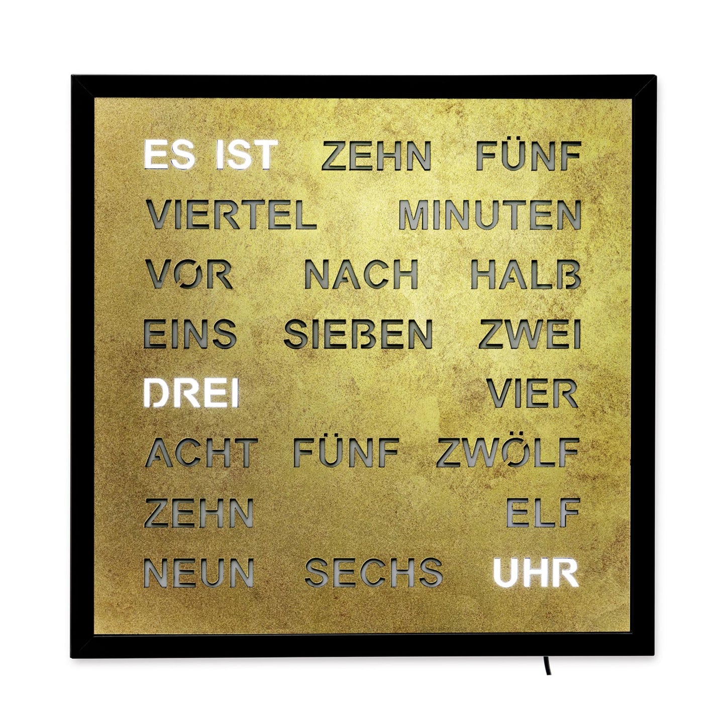 Horloge murale avec affichage LED de l'heure par mots, cadran doré avec heure dite
