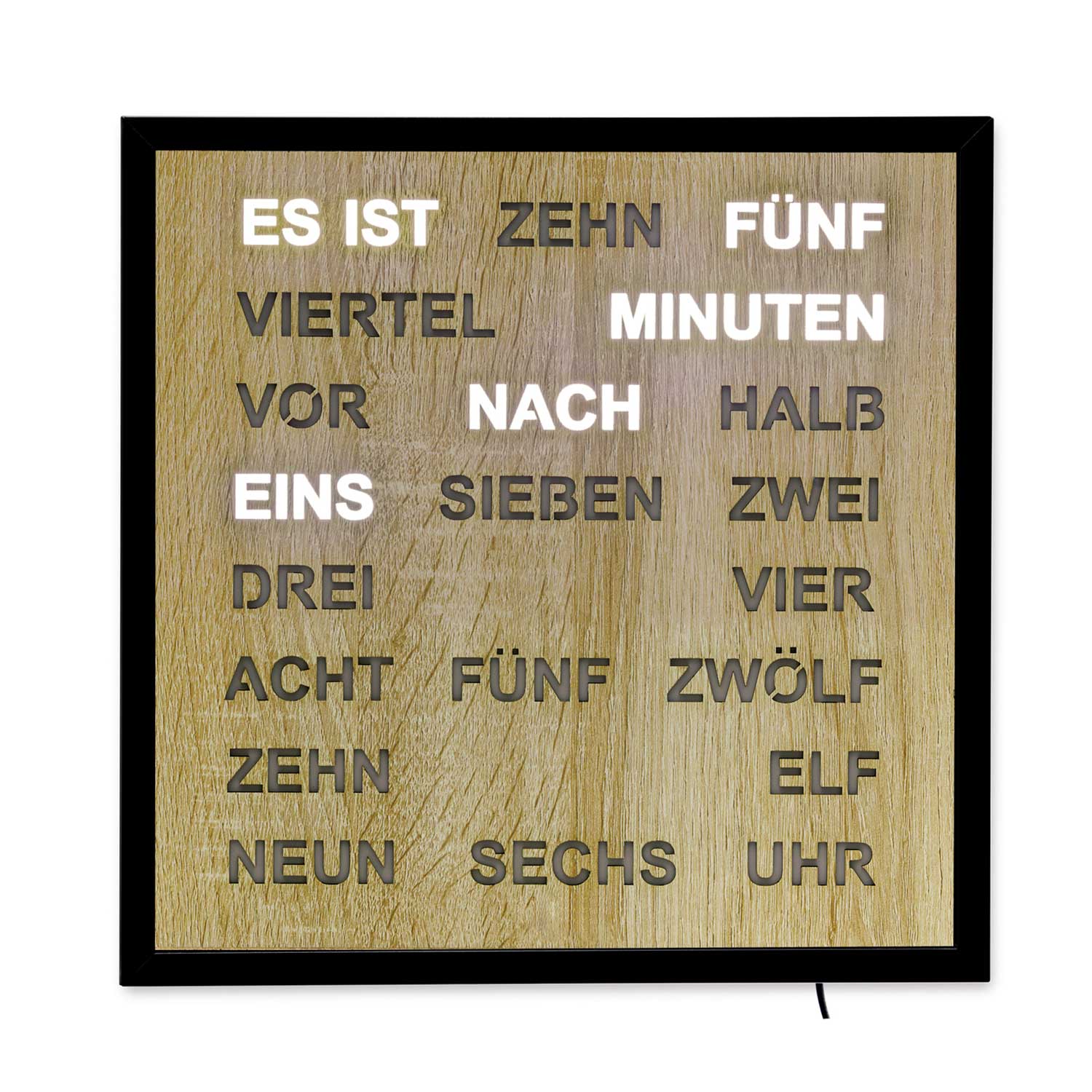 Horloge murale aspect bois avec affichage de mots LED et cadre noir