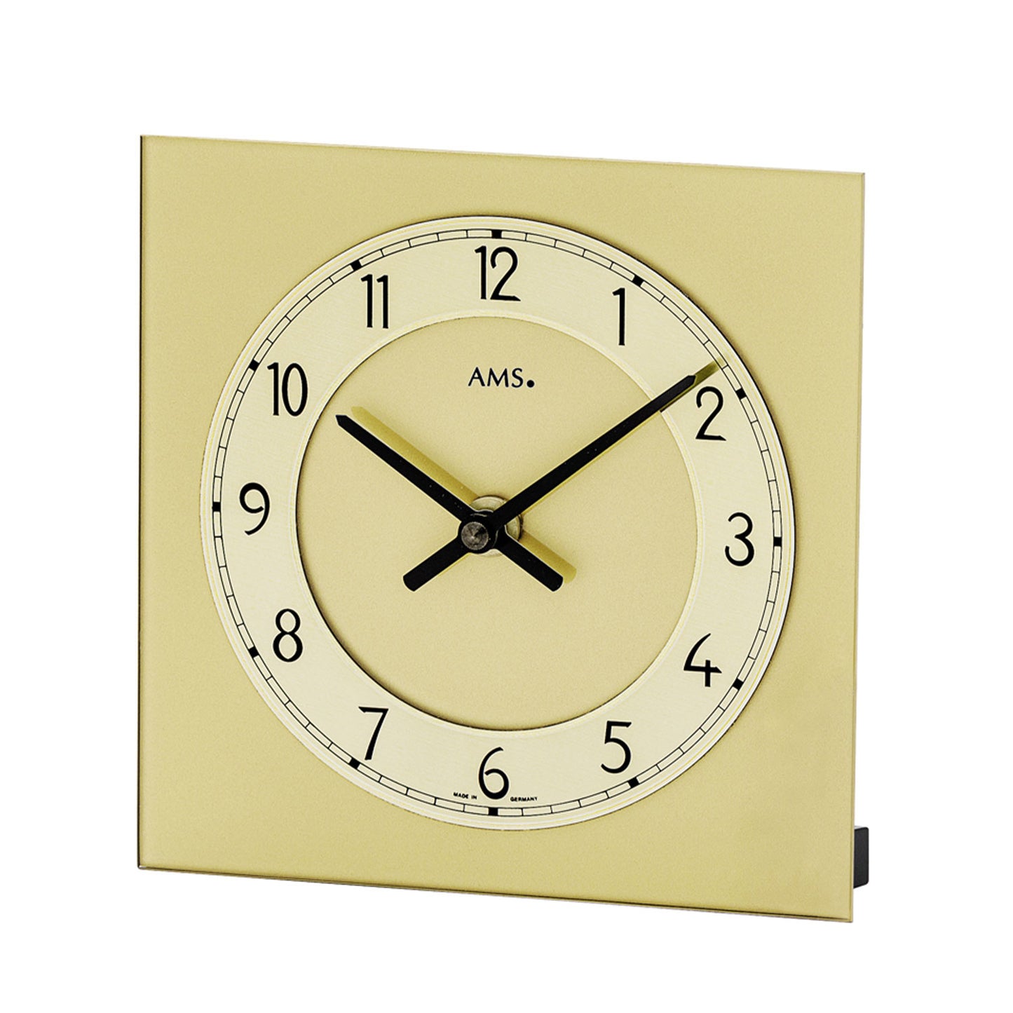 Horloge de table avec cadran rond finition laiton, aiguilles noires, verre minéral