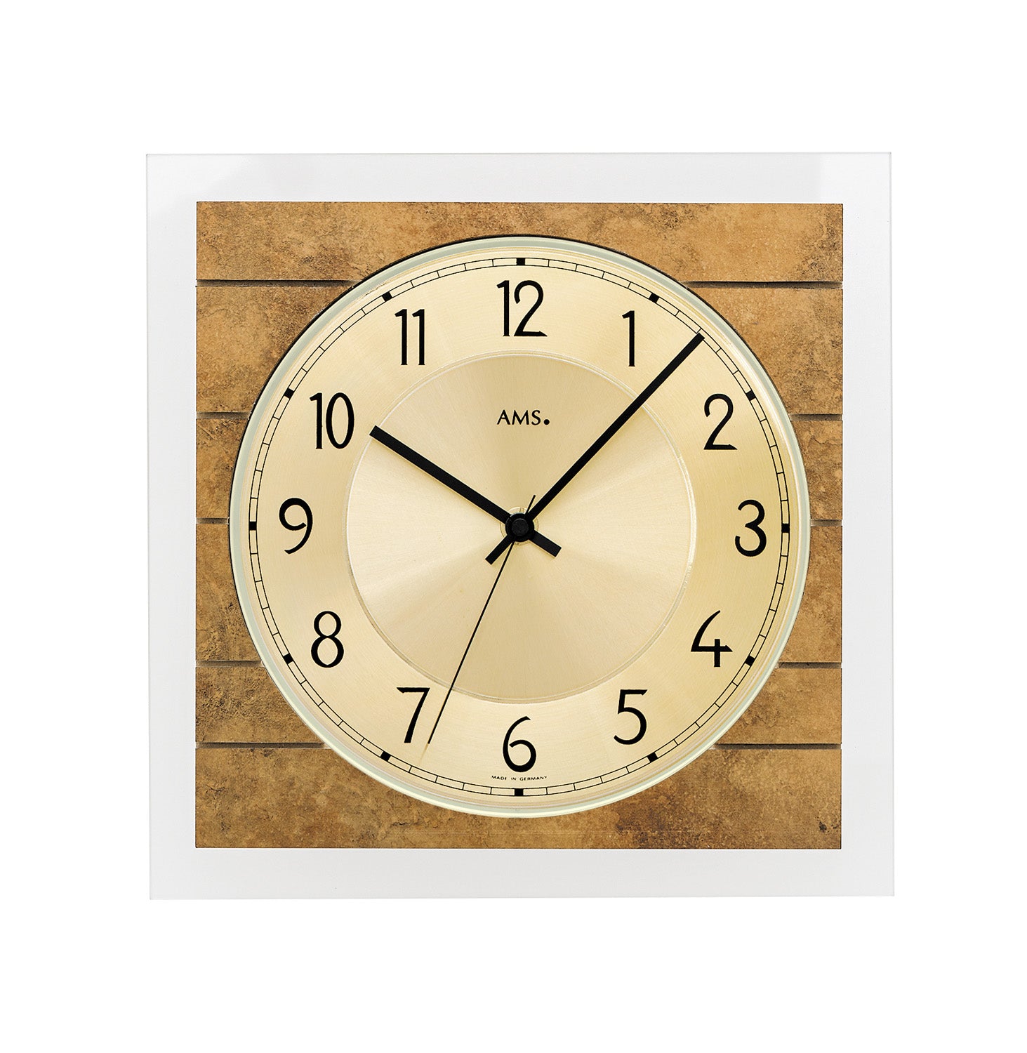 Horloge murale avec cadre en bois et laiton, cadran rond avec chiffres arabes