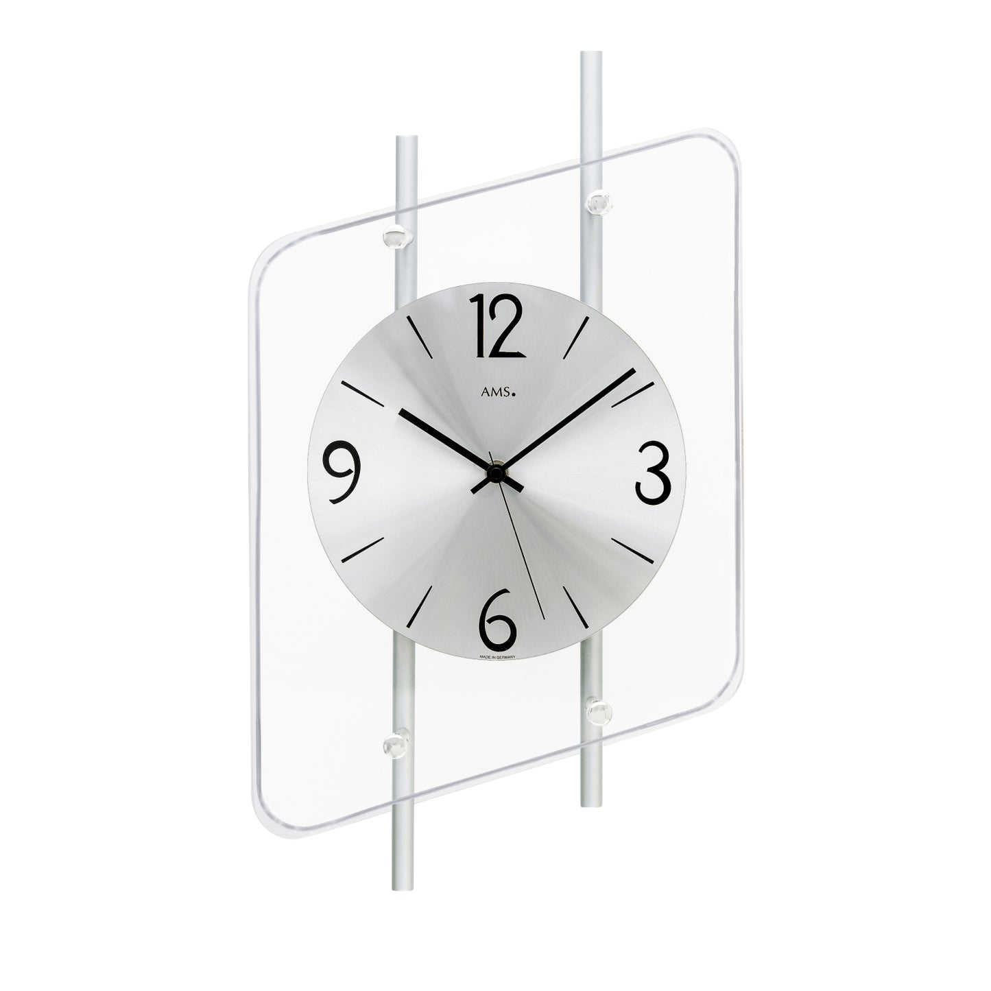 Horloge murale avec cadre rectangulaire et cadran rond, aiguilles et chiffres noirs