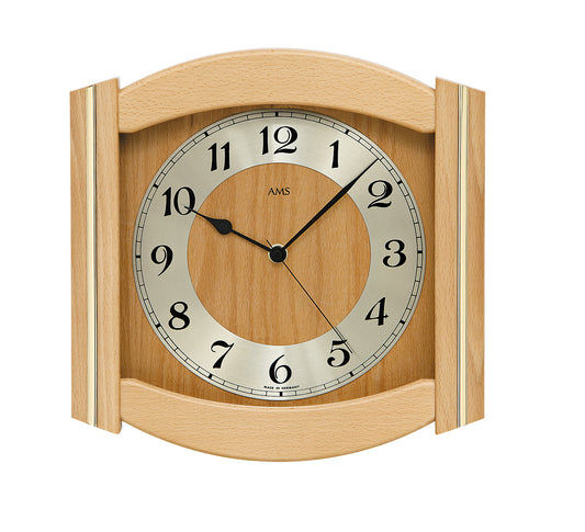 Horloge murale avec boîtier en bois et cadran rond, chiffres romains, affichage AMS