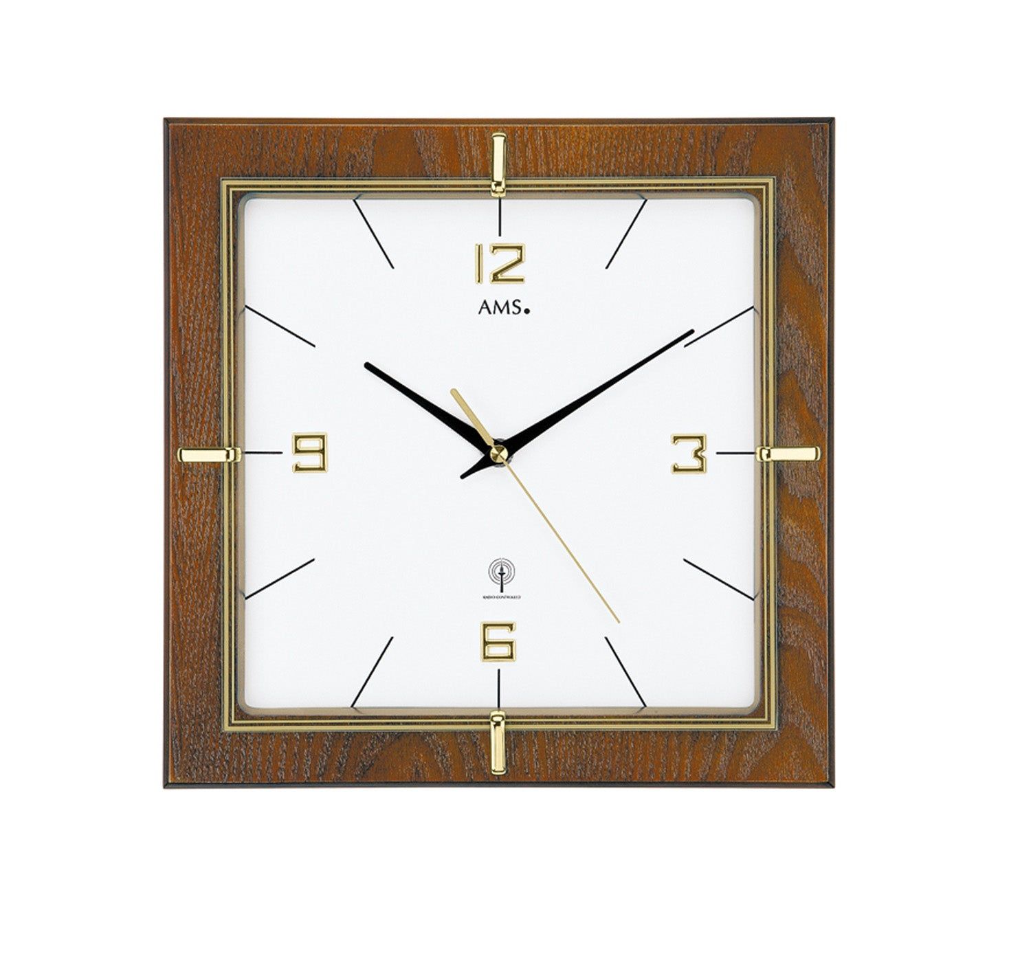Horloge murale carrée avec cadre en noyer et verre minéral, aiguilles et décor dorés