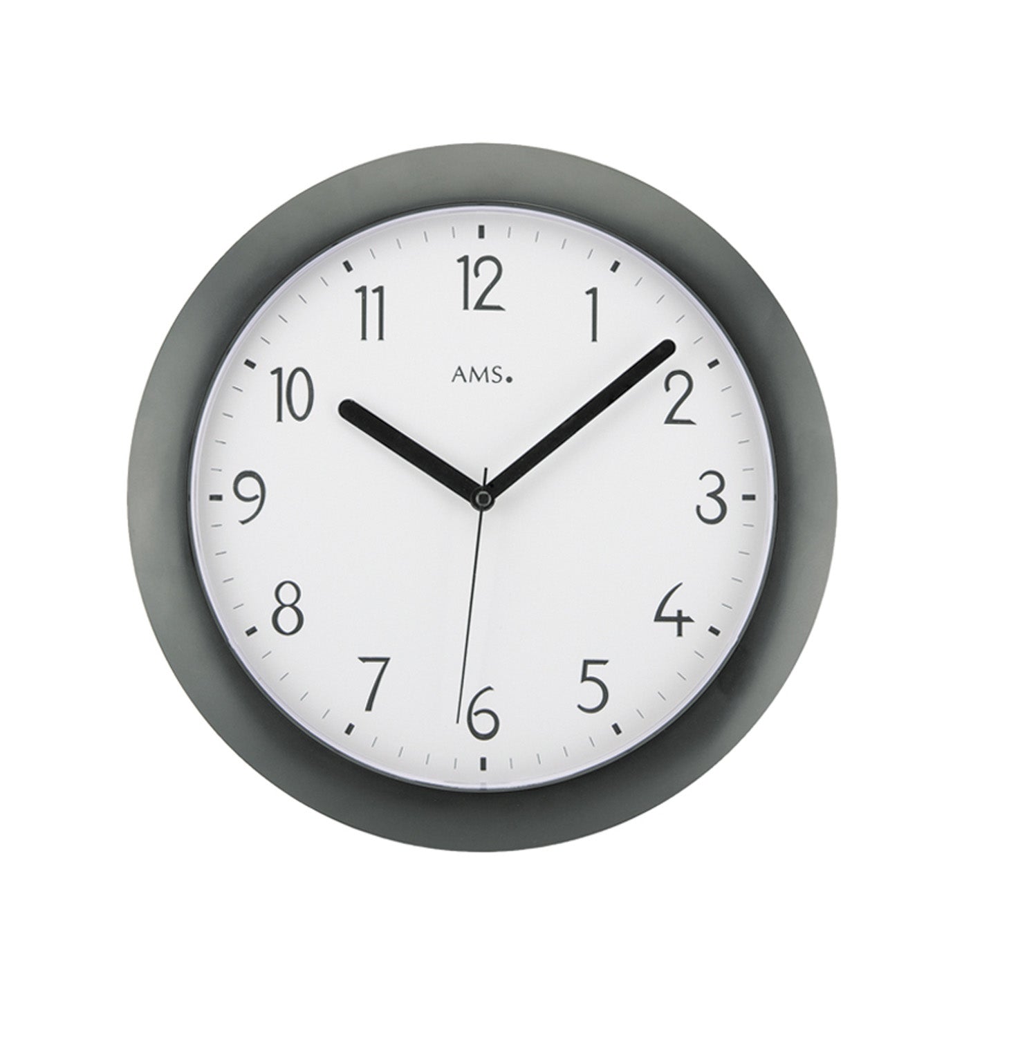 Horloge murale radio-pilotée avec boîtier en plastique noir et cadran blanc, inscription AMS