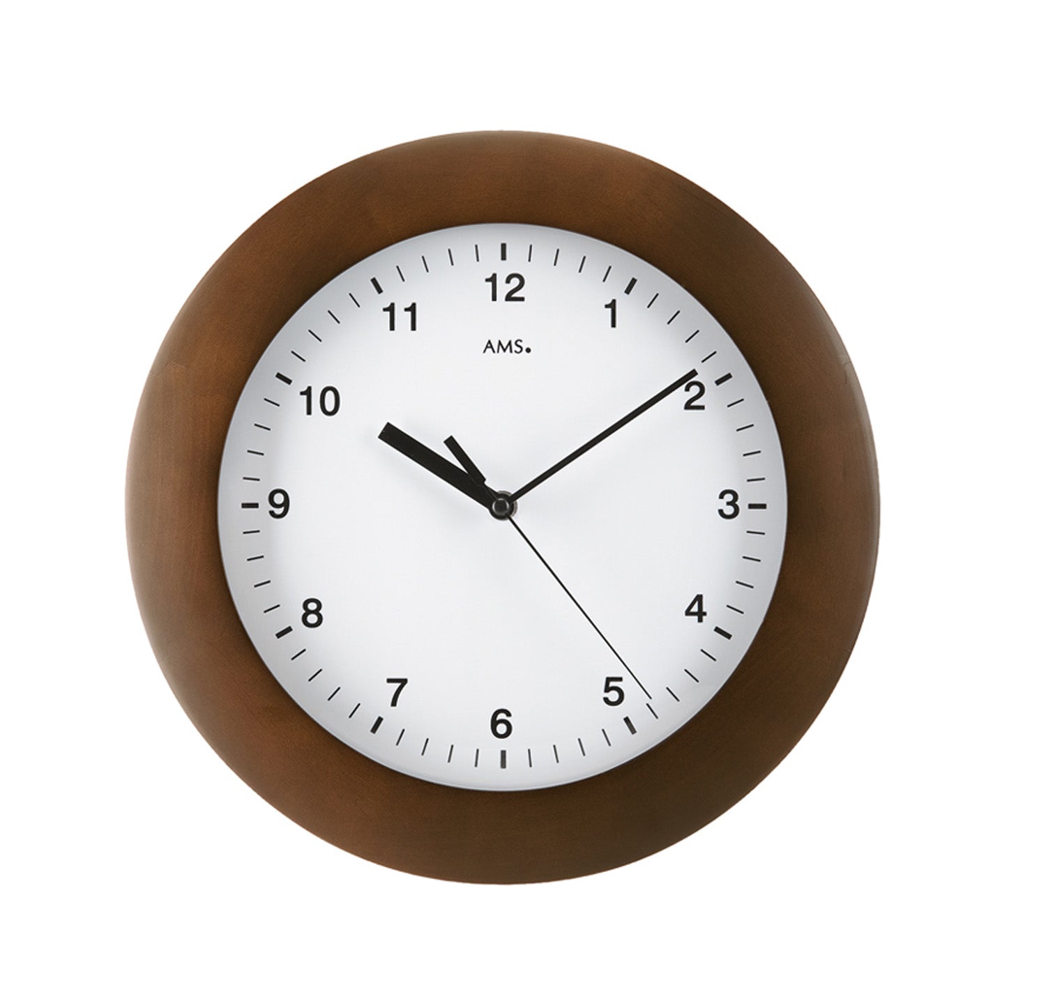Horloge murale avec cadre en noyer, cadran blanc, aiguilles noires et AMS. Inscription