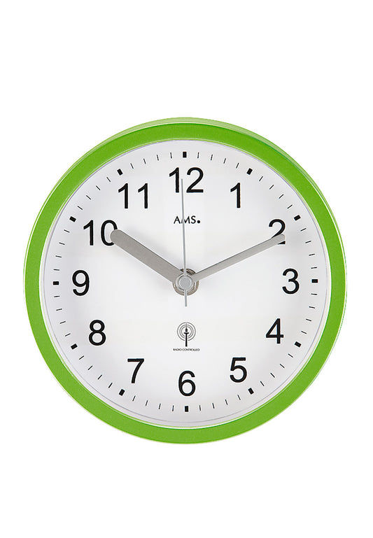 Horloge de salle de bain verte avec aiguilles et chiffres analogiques, cadre rond