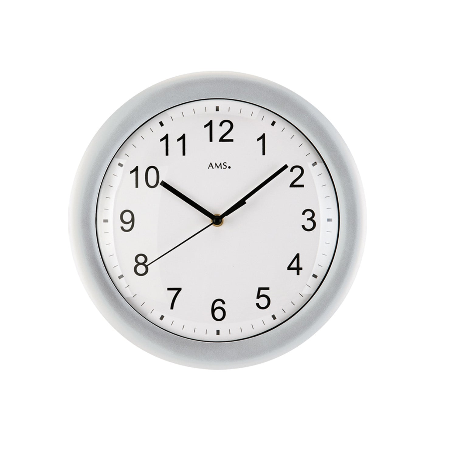 Horloge murale sans fil avec cadre argenté et cadran blanc, aiguilles noires