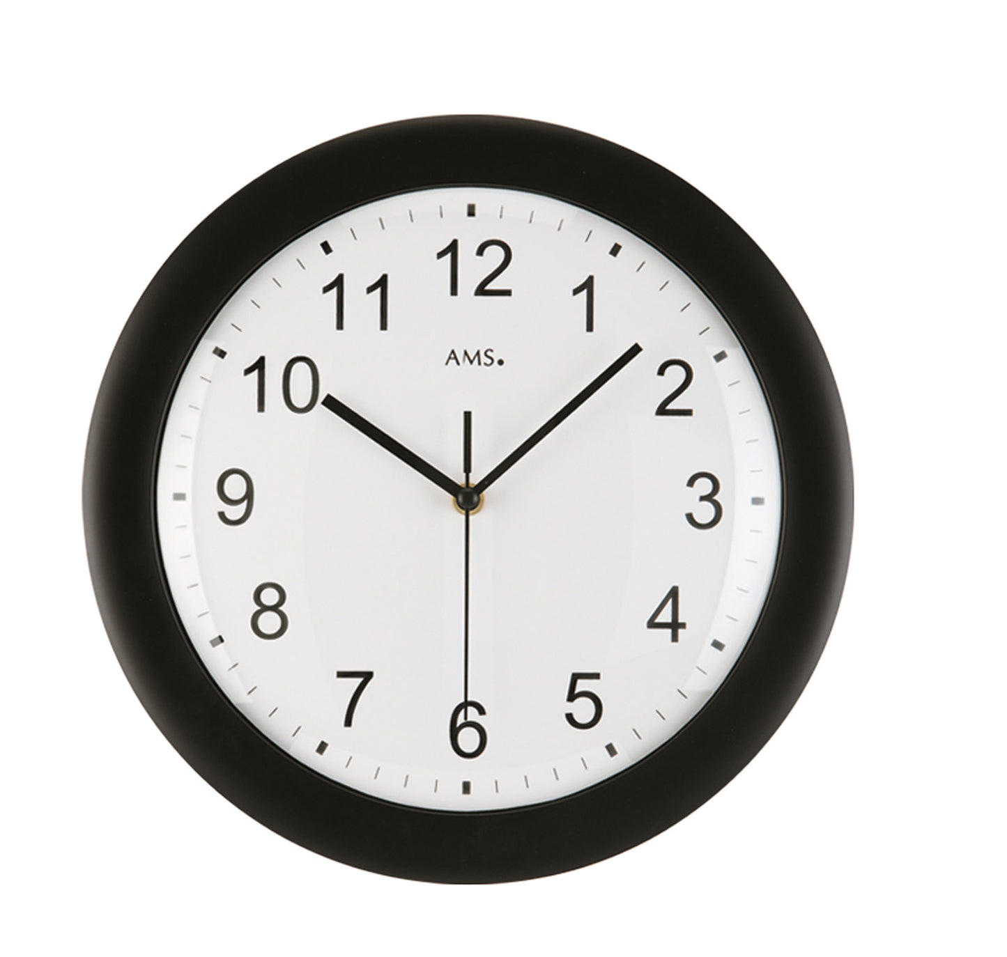 Horloge murale radio-pilotée noire avec cadran blanc et aiguilles noires, boîtier rond