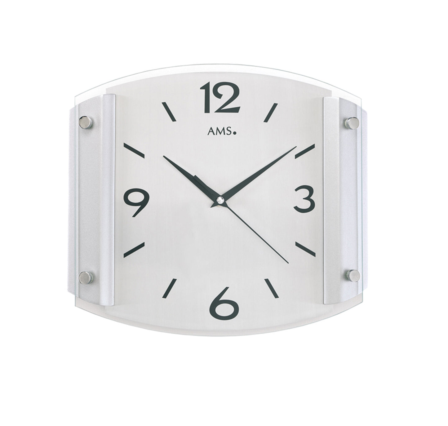 Horloge murale ronde avec cadre argenté, cadran blanc, chiffres et aiguilles noirs