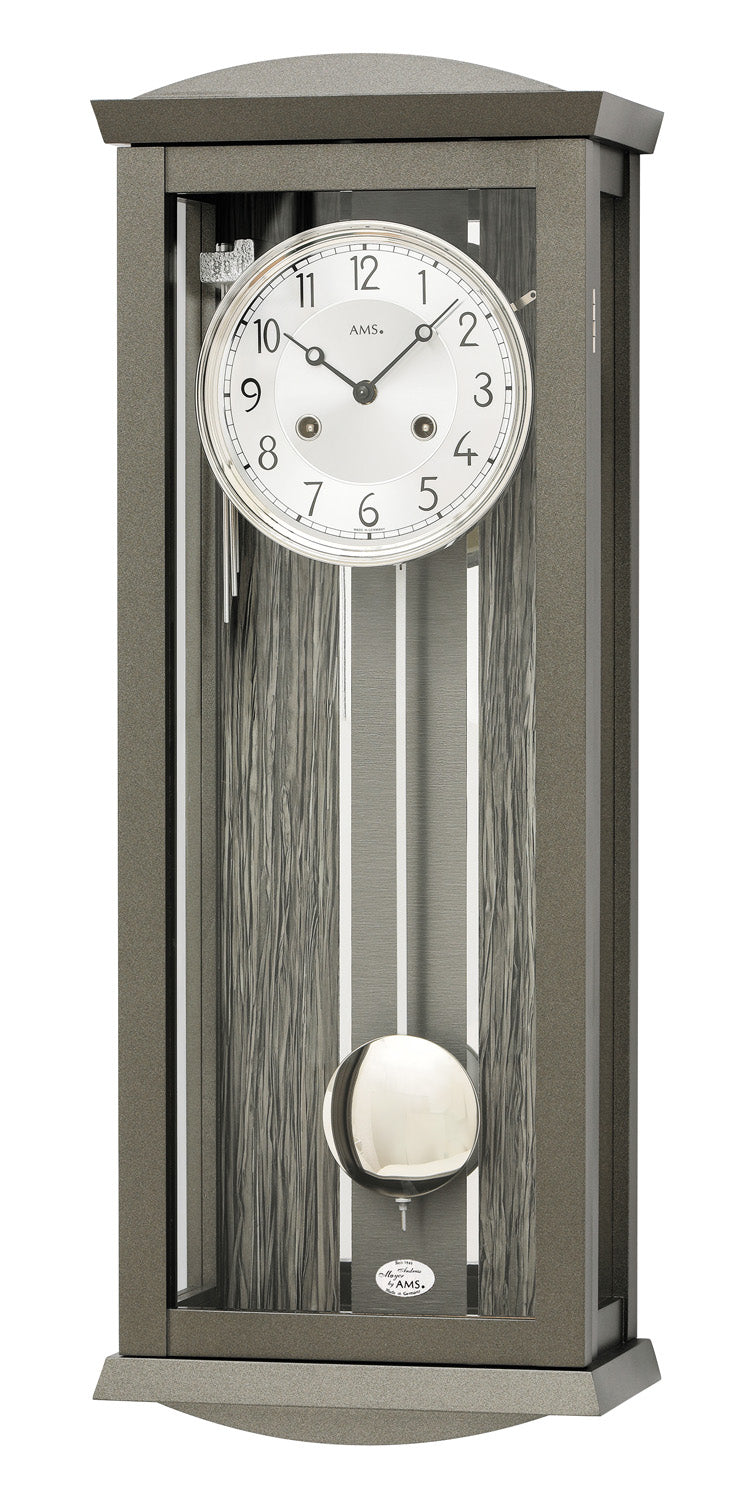 Horloge murale avec boîtier anthracite et cadran en aluminium, balancier avec insert de poids sphérique