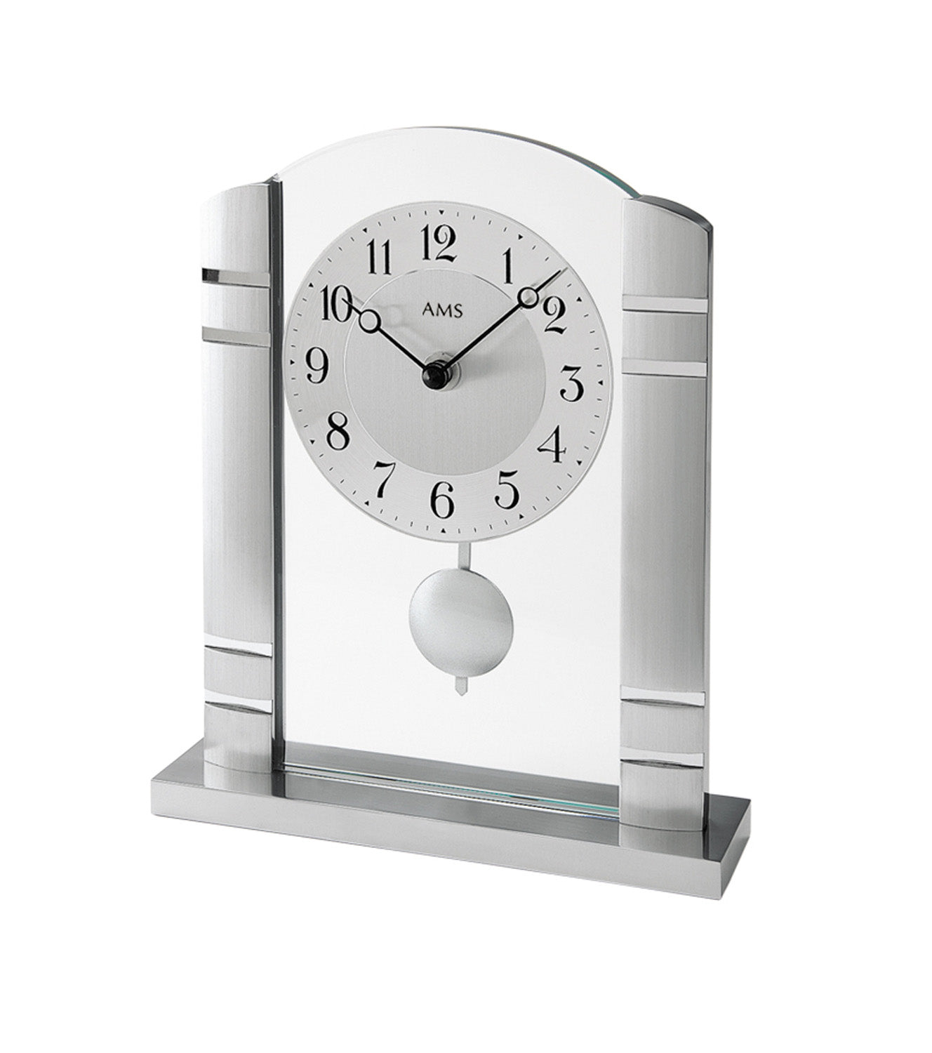 Horloge de table en quartz argentée avec cadran rond, façade en verre et poids de pendule