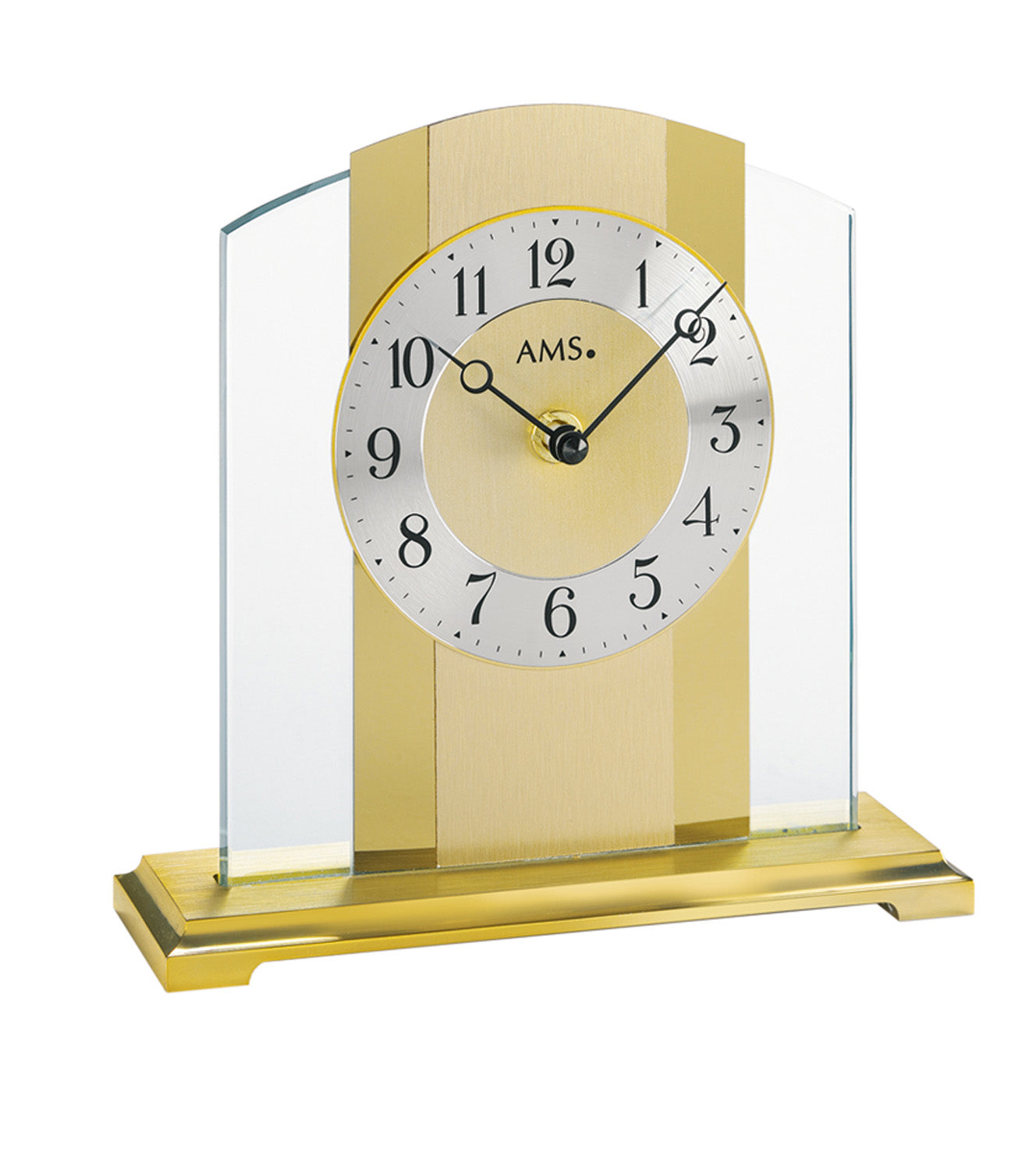Horloge de table en laiton avec cadran rond, aiguilles noires et logo AMS