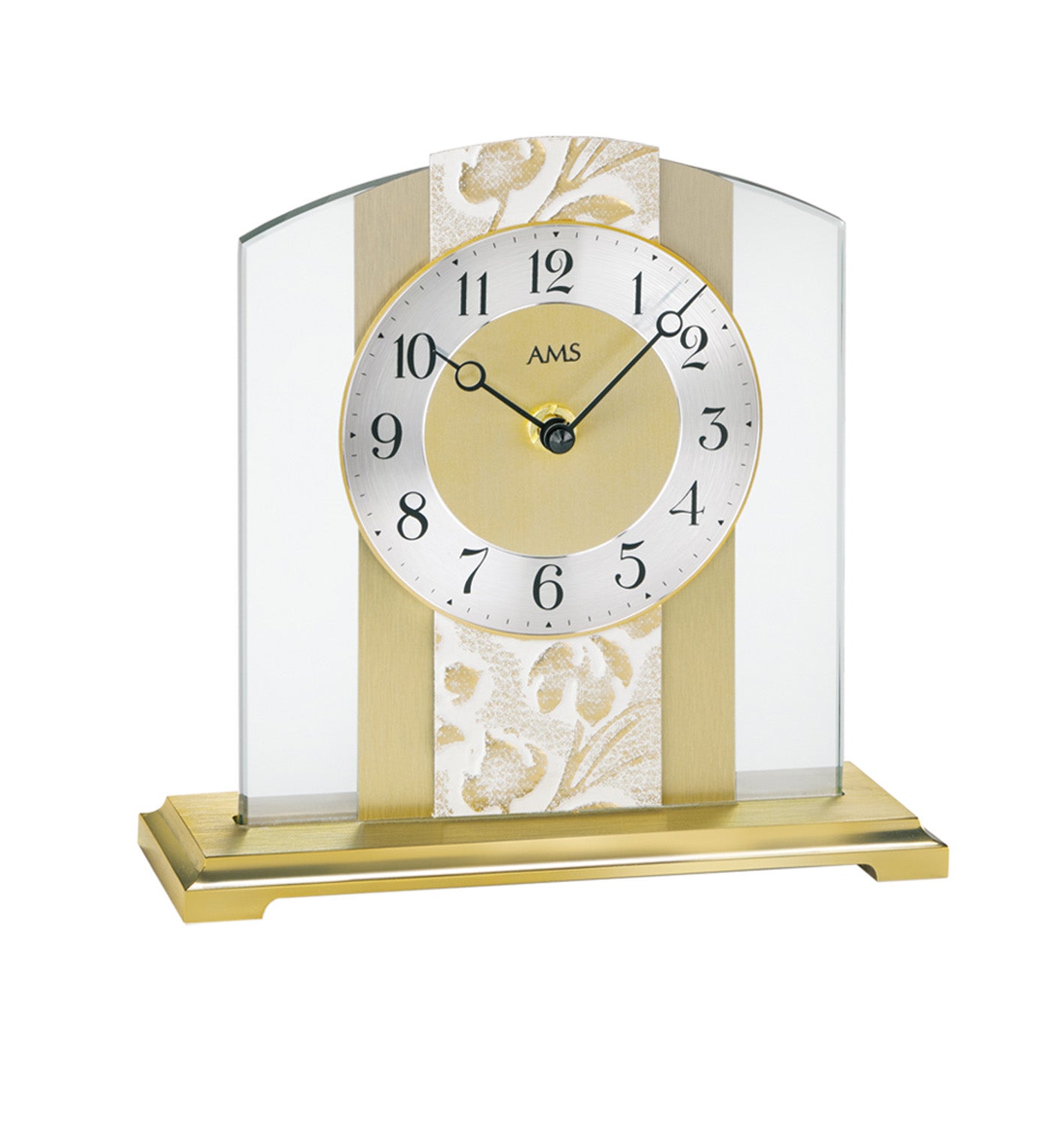 Horloge de table avec cadre argenté, cadran rond et décor beige doré, logo AMS