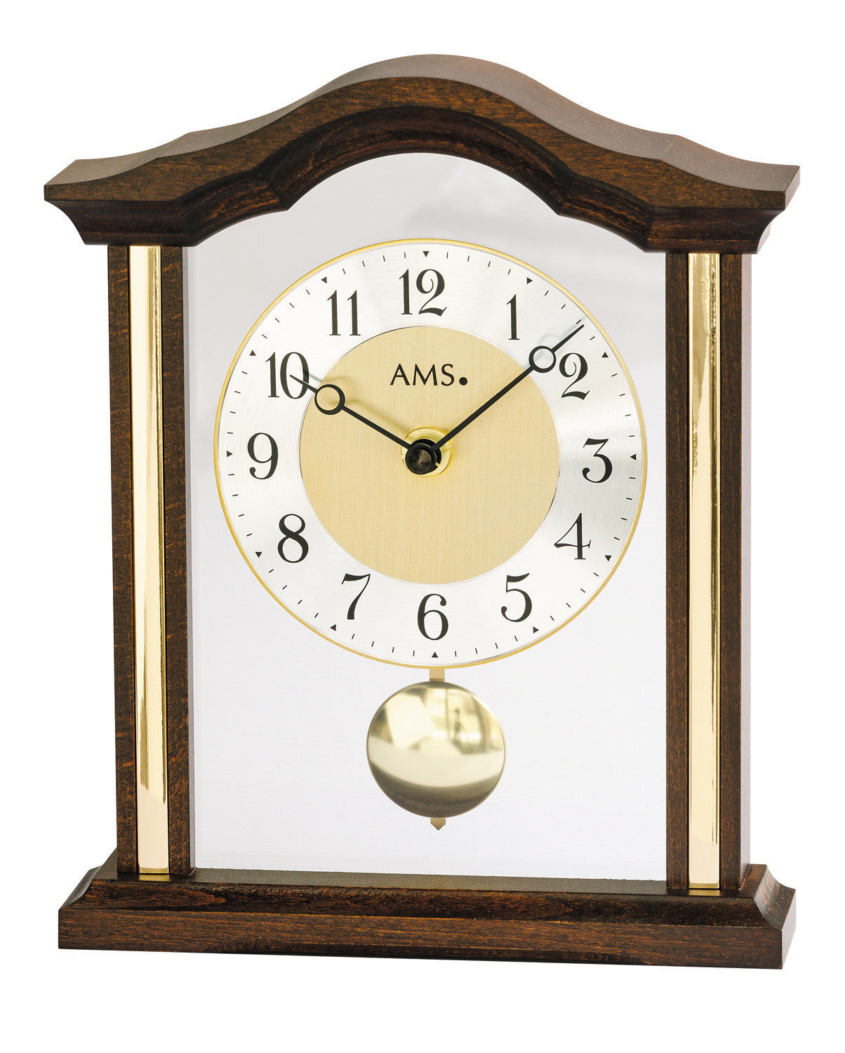 Horloge de table couleur noyer avec cadran rond et pendule en laiton