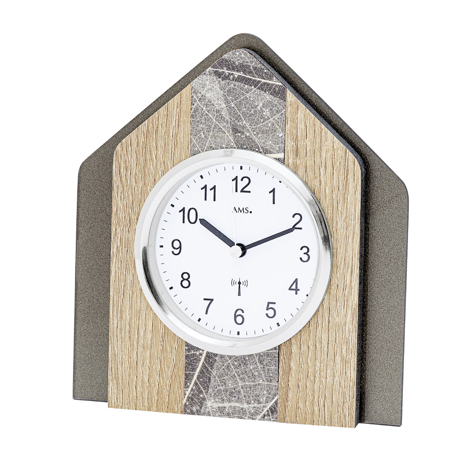 Horloge de table avec cadran rond et boîtier en bois dans des tons naturels et gris
