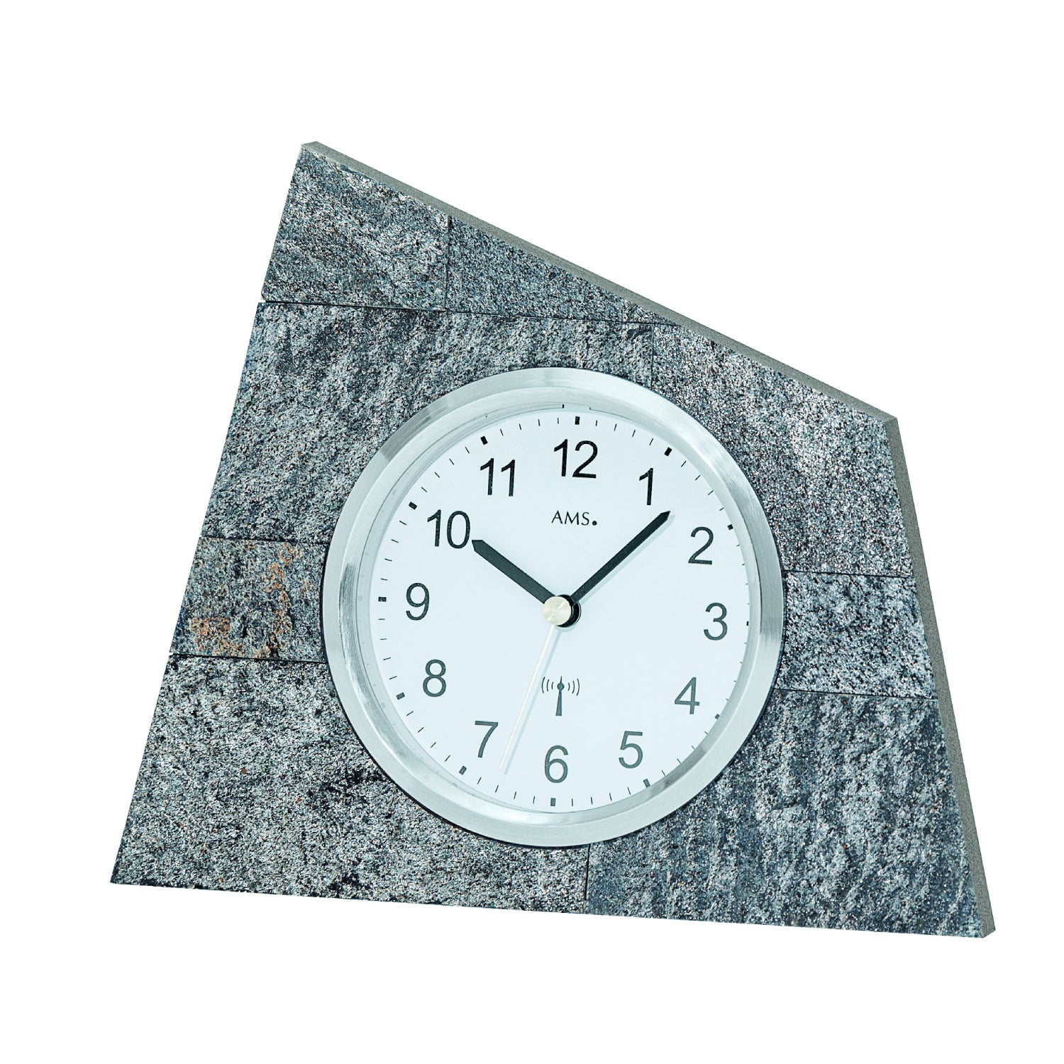 Horloge de table avec cadran analogique et boîtier rond en pierre naturelle grise