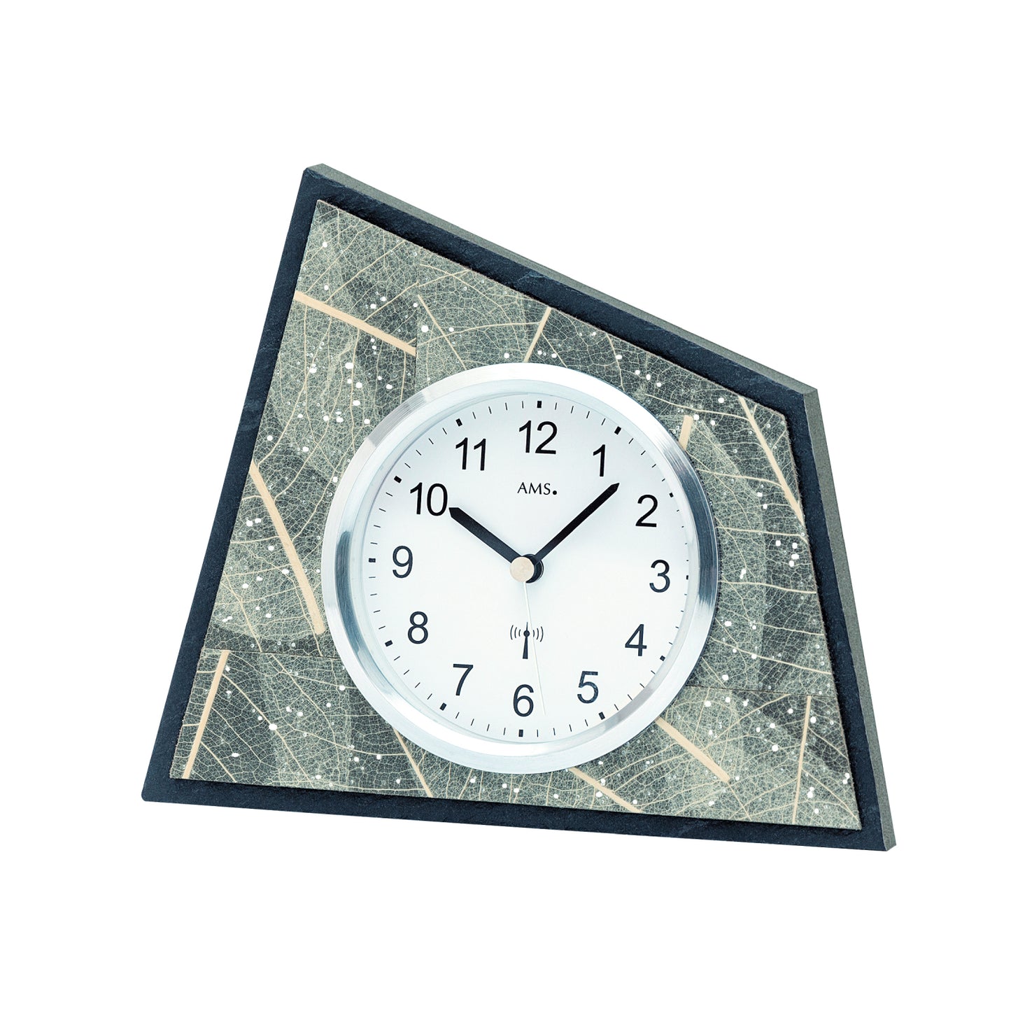 Horloge de table avec cadran rond, bordure foncée et verre à éclats verts