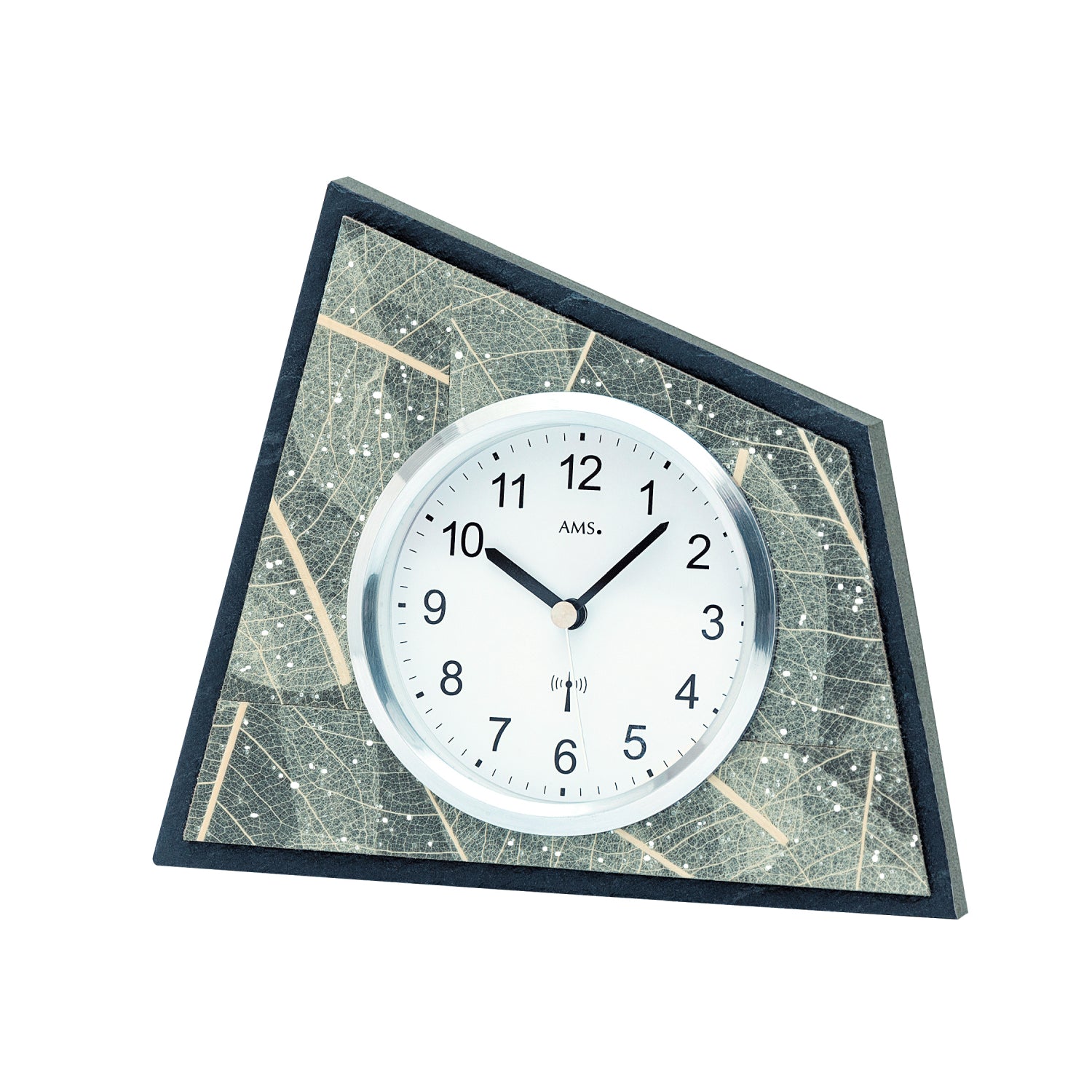 Horloge de table avec cadran rond, bordure foncée et verre à éclats verts